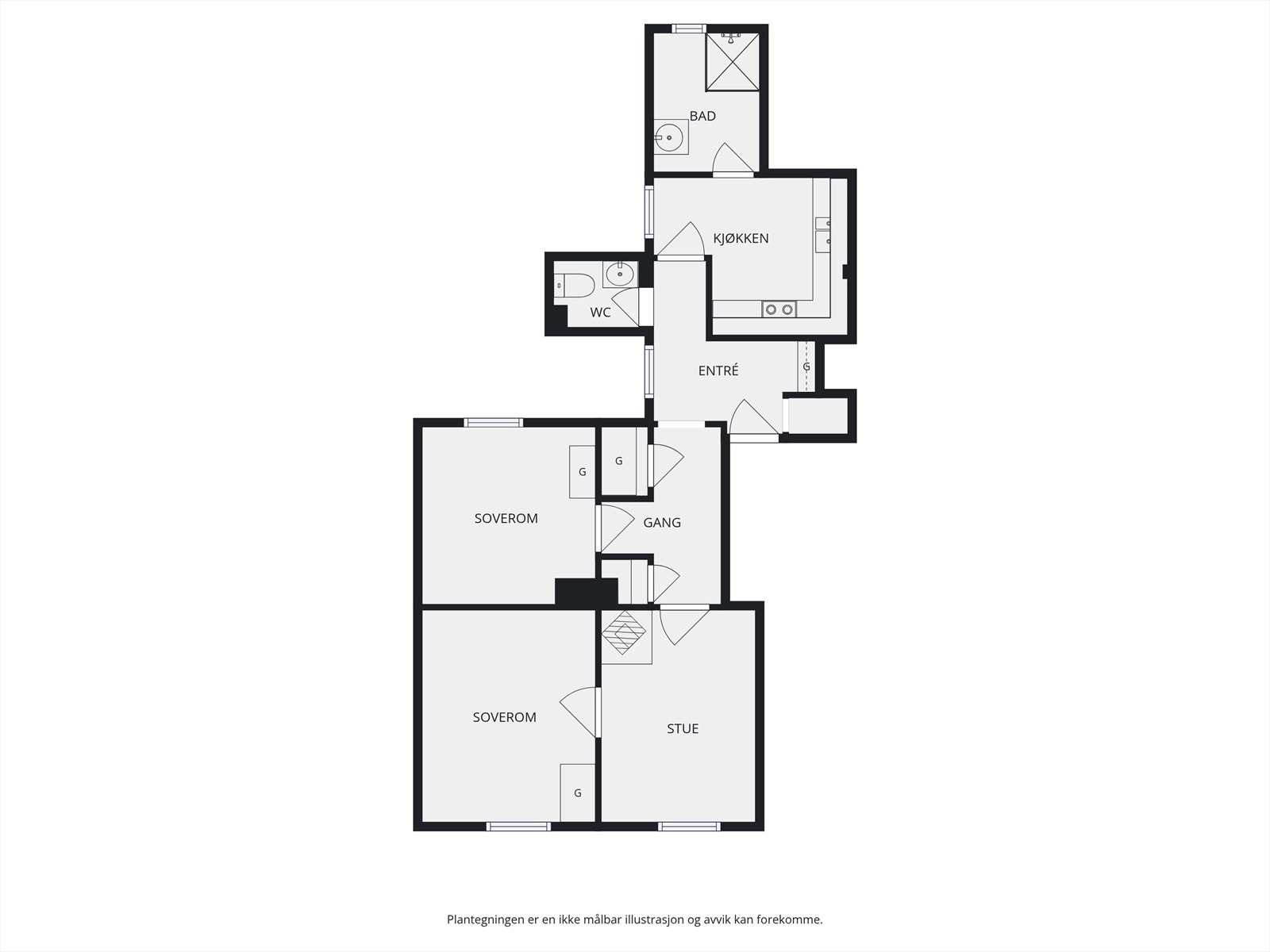 Skisse av leiligheten (det er dør til kjeller fra kjøkken) Galleribilde