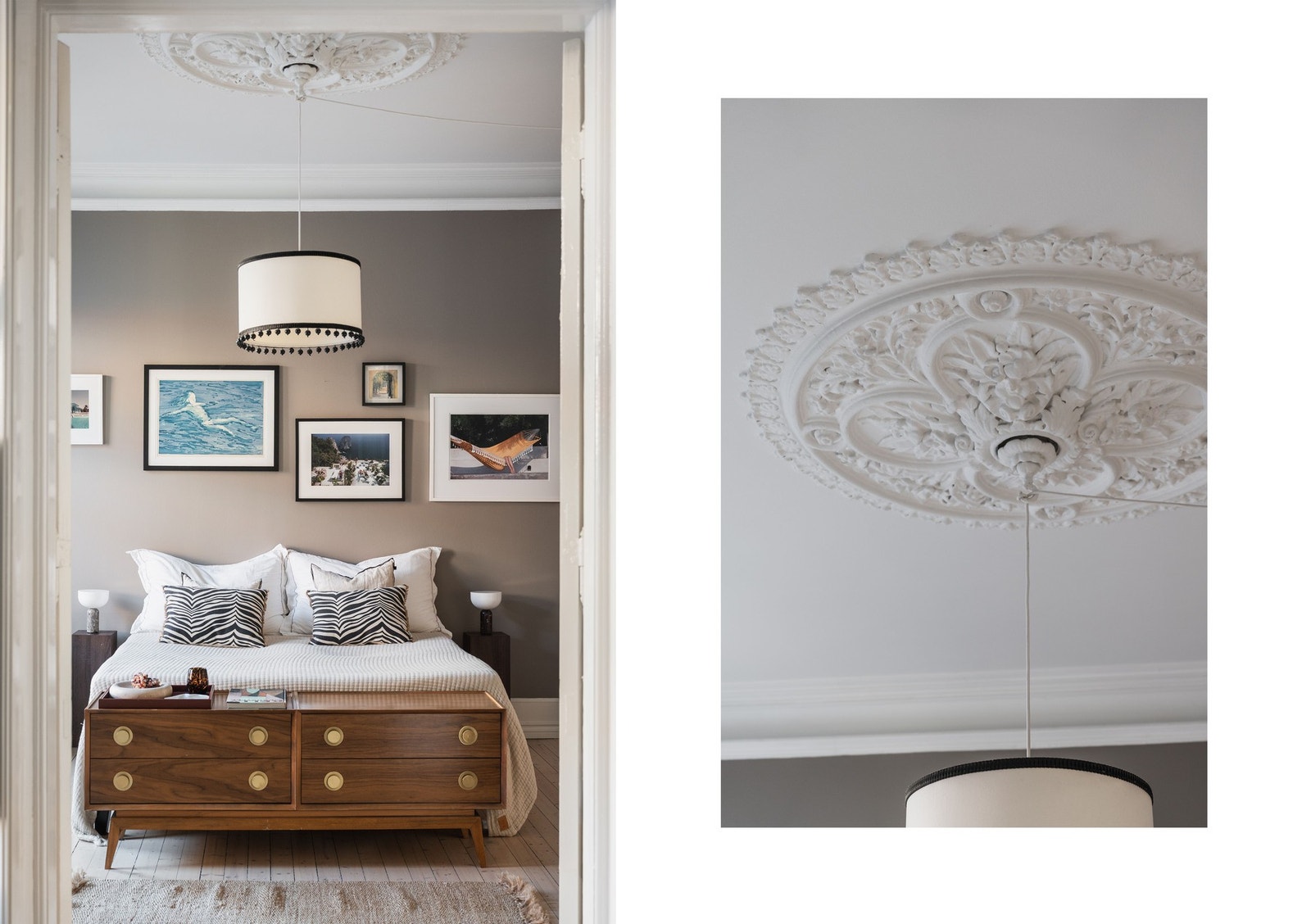 Doble fløydører inn mot hovedsoverom. Vakre rosetter i himling. Galleribilde