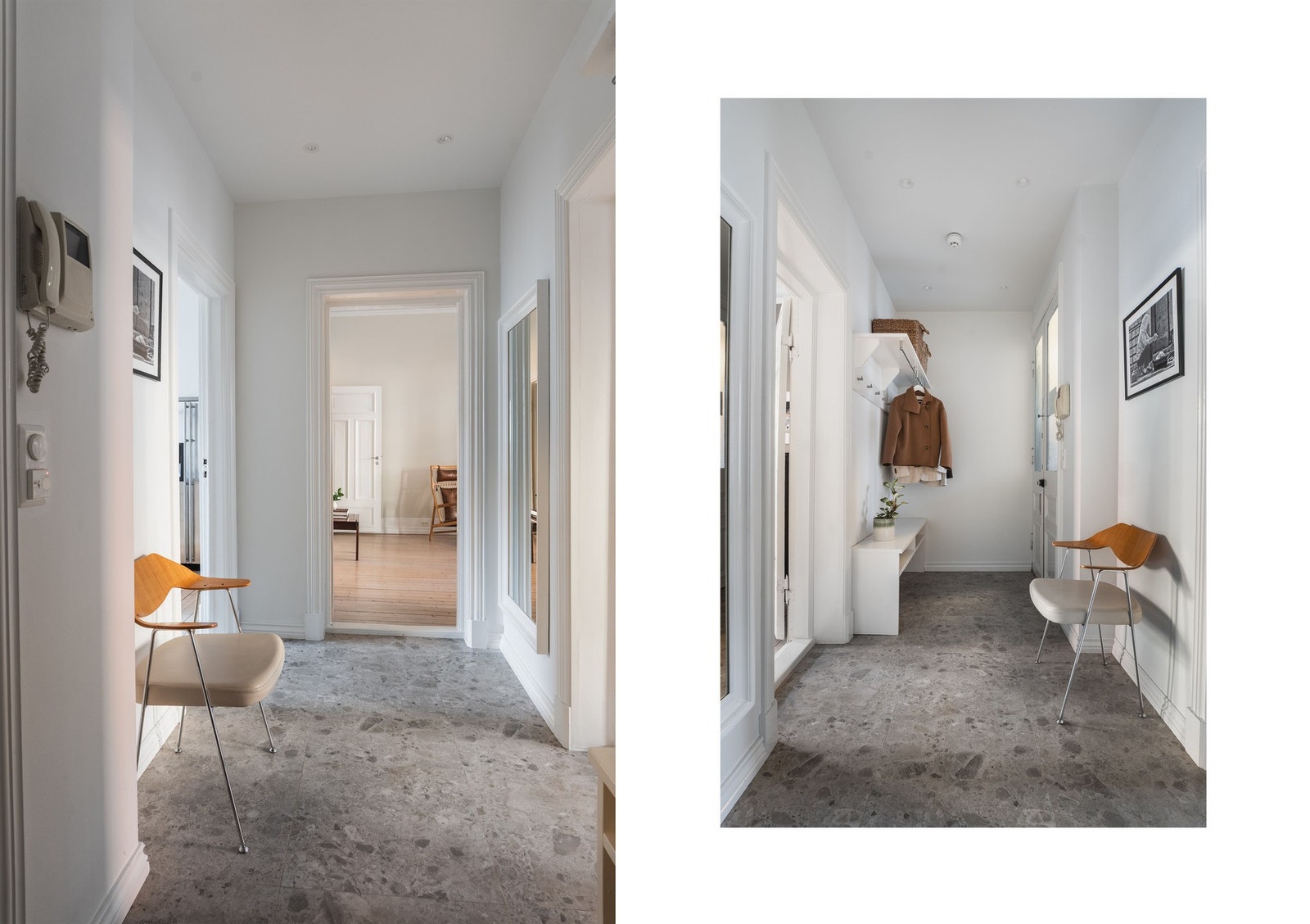 Via tofløyet inngangsdør kommer du inn til entré. Galleribilde