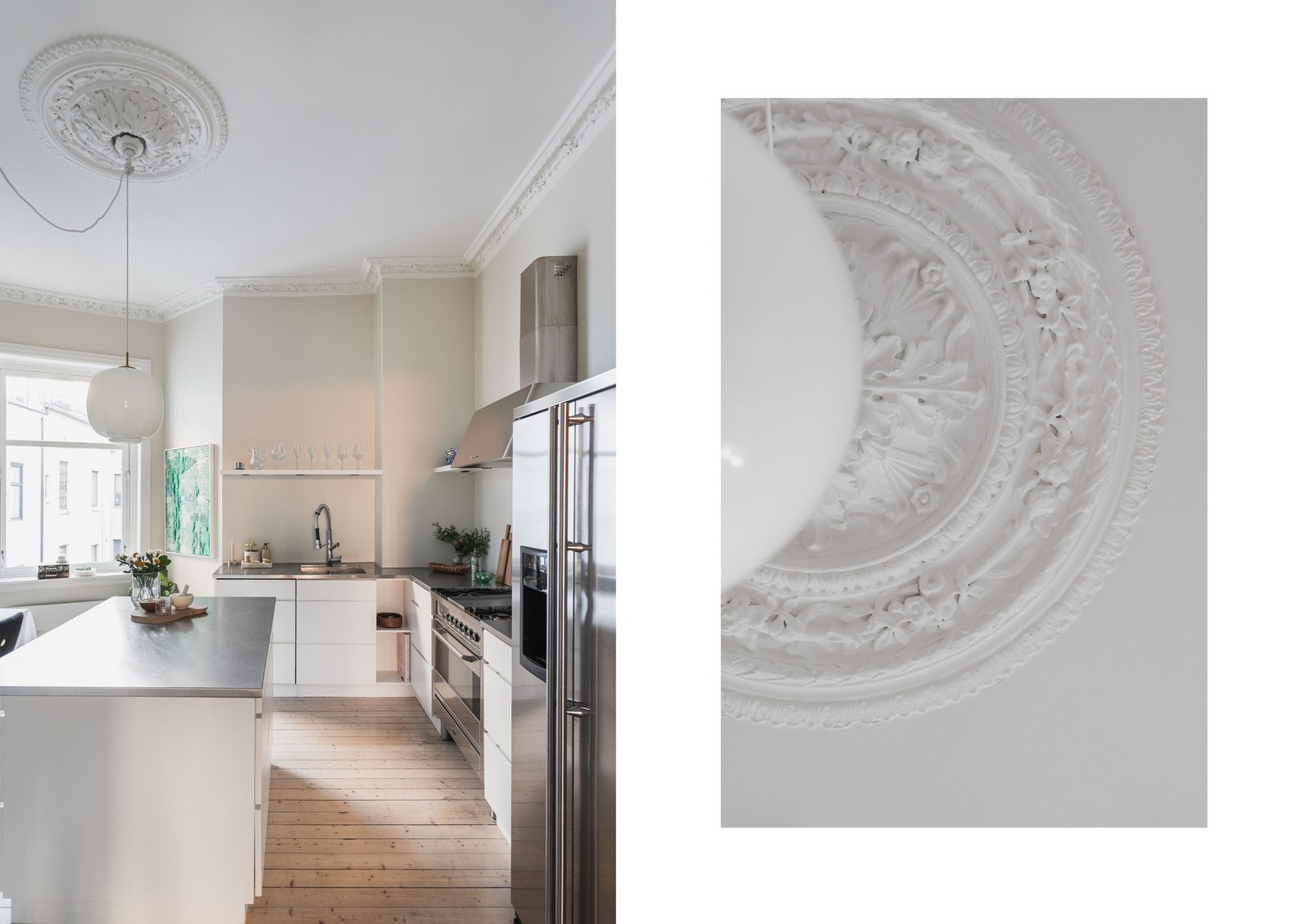 Veggmonterte hyller med belysning gir godt arbeidslys, og det er rikelig med skap- og benkeplass. Galleribilde