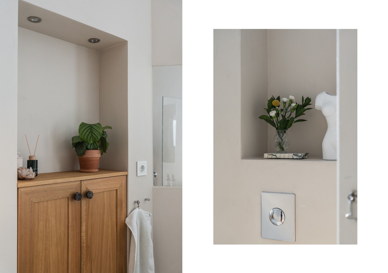 Plassbygd innredning på badet og lyse toner på vegger. Galleribilde