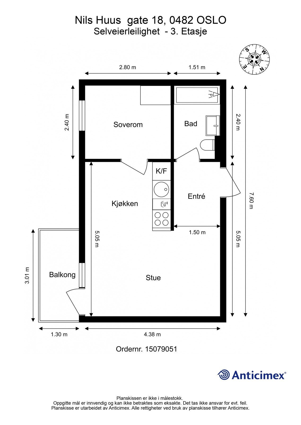 Plantegning 3. etasje med heis. I tillegg disponerer leiligheten en loftsbod med gulvareal på ca. 6m². Galleribilde