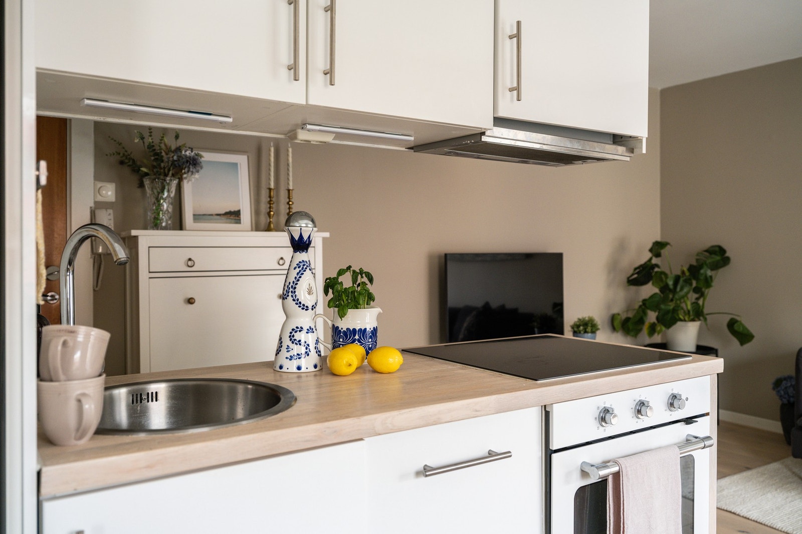 Praktisk med belysning under overskapene og ventilator i overskap med kullfilter. Galleribilde