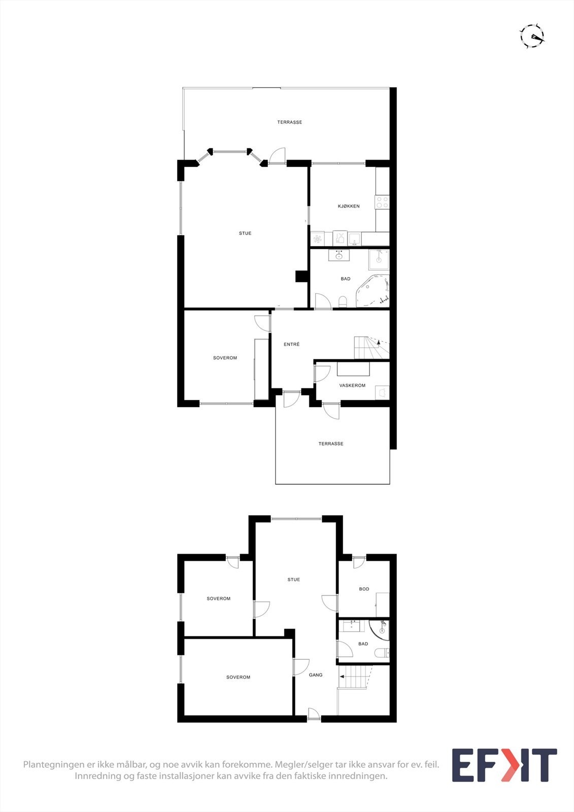 Plantegningene viser en innholdsrik og familievennlig tomannsbolig over to plan. Galleribilde