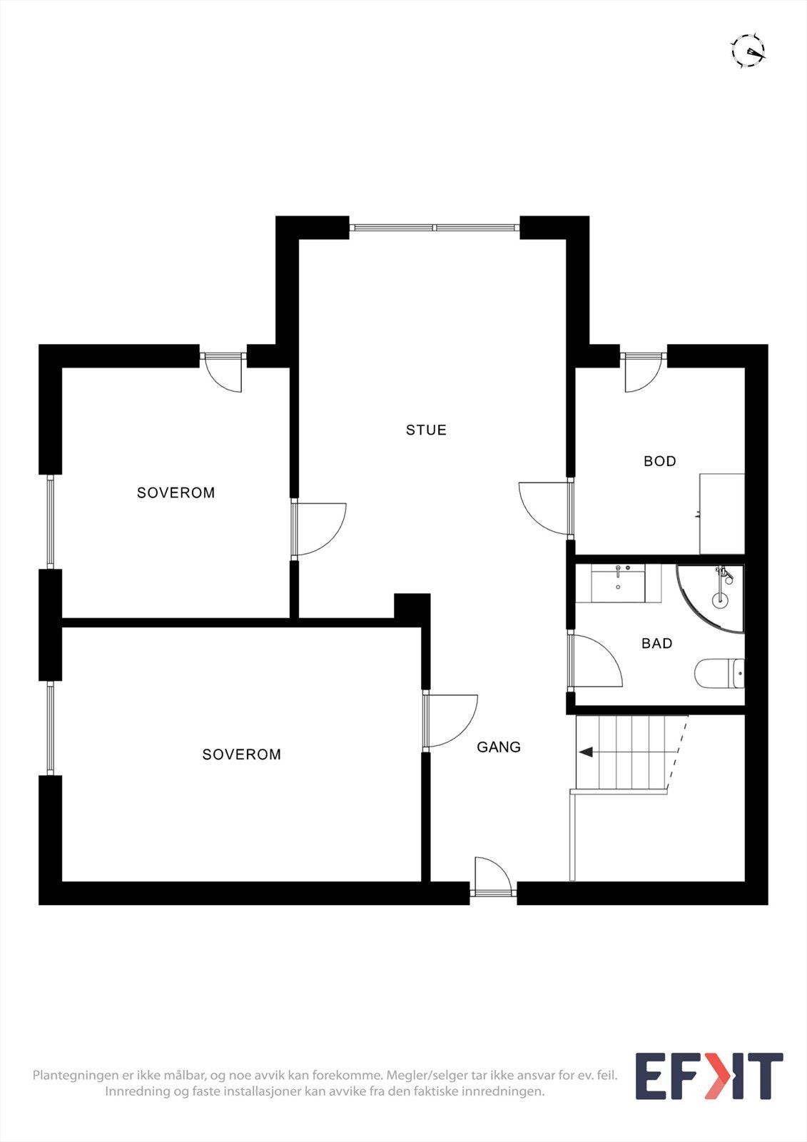 Andre etasje har en fleksibel planløsning med stue, to soverom, bad og en innvendig bod. Galleribilde