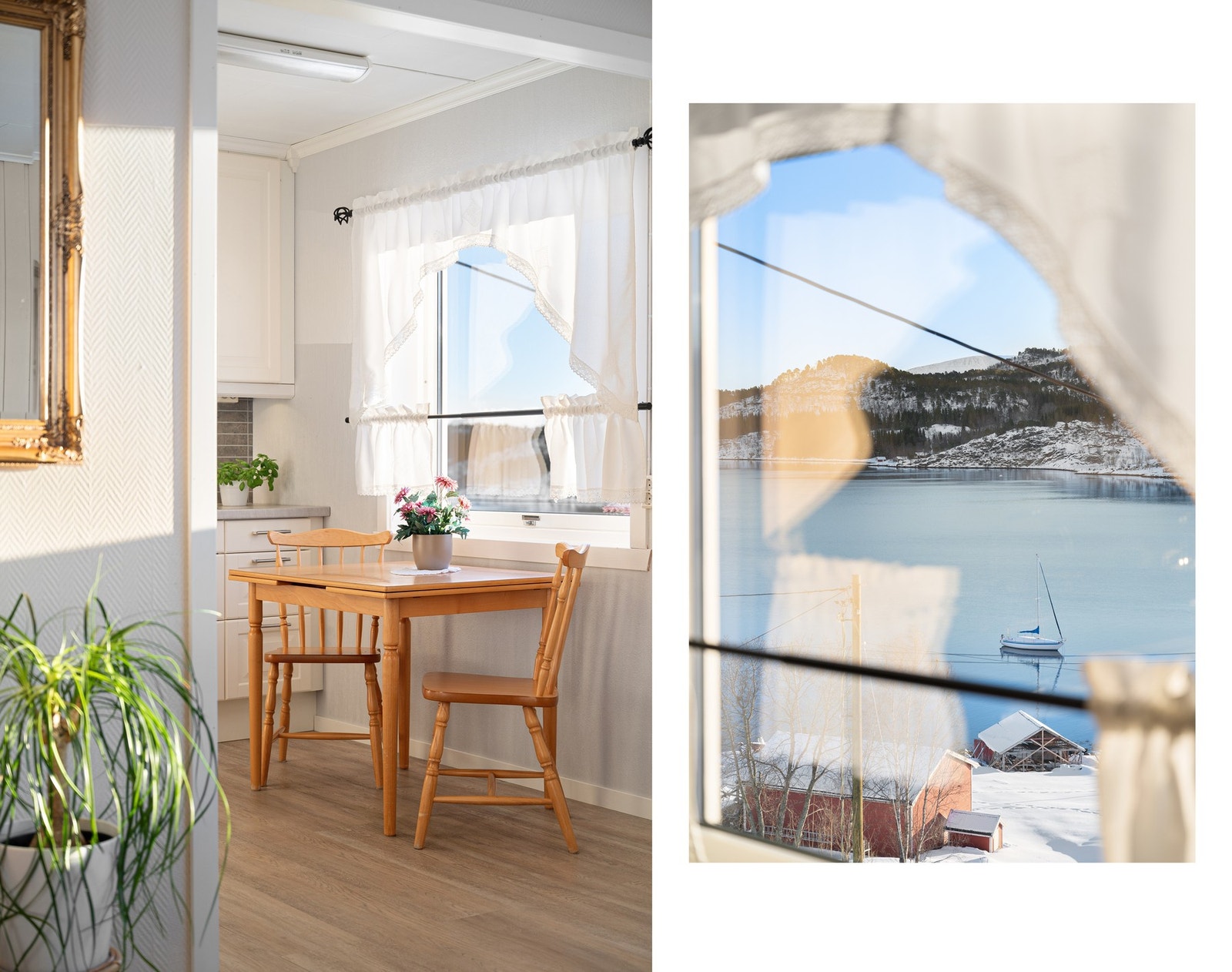 Koselig utsyn fra spiseplass på kjøkkenet Galleribilde