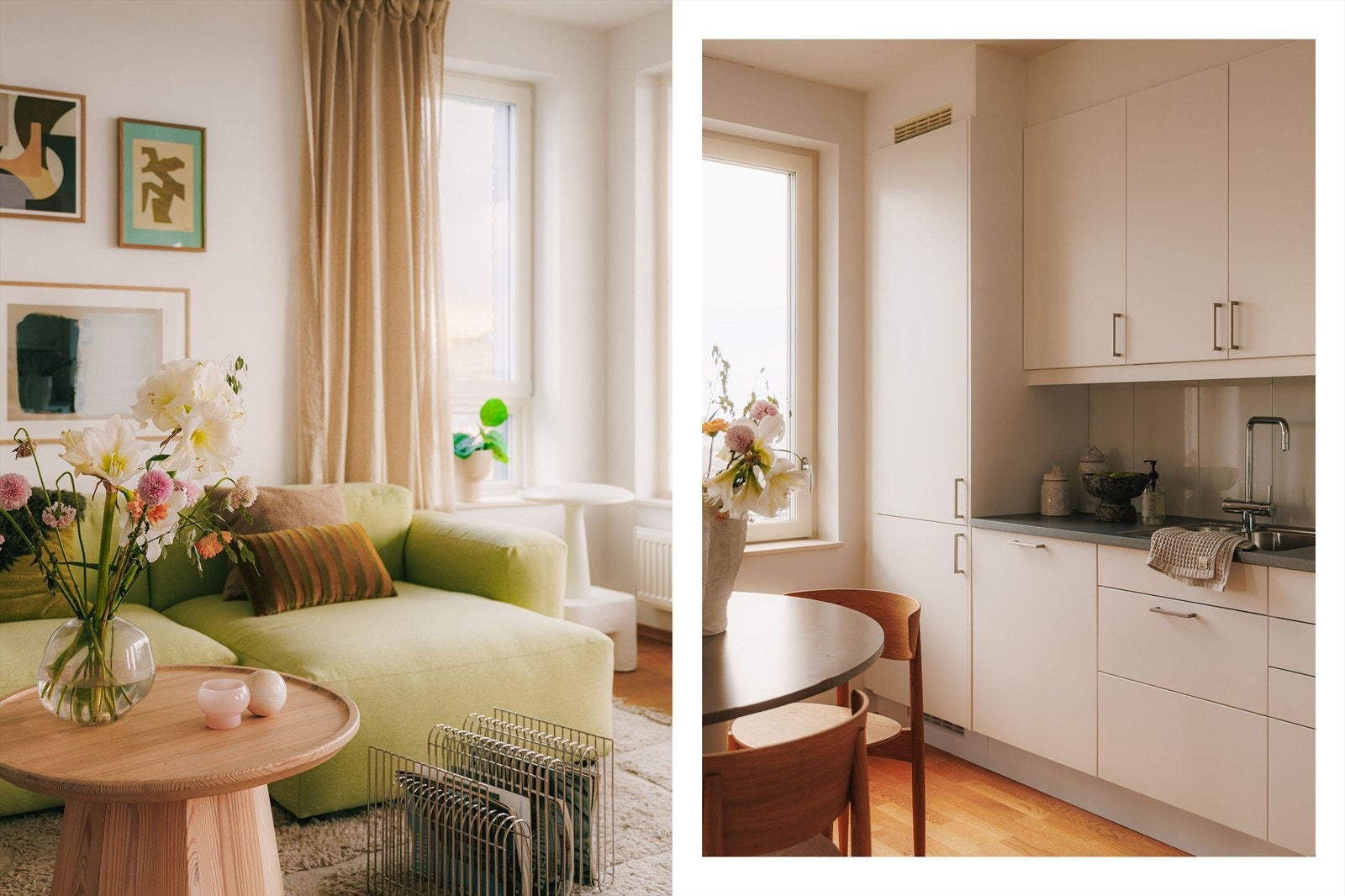 Moderne og åpen kjøkkenløsning med spiseplass som skiller de to sonene i rommet. Galleribilde