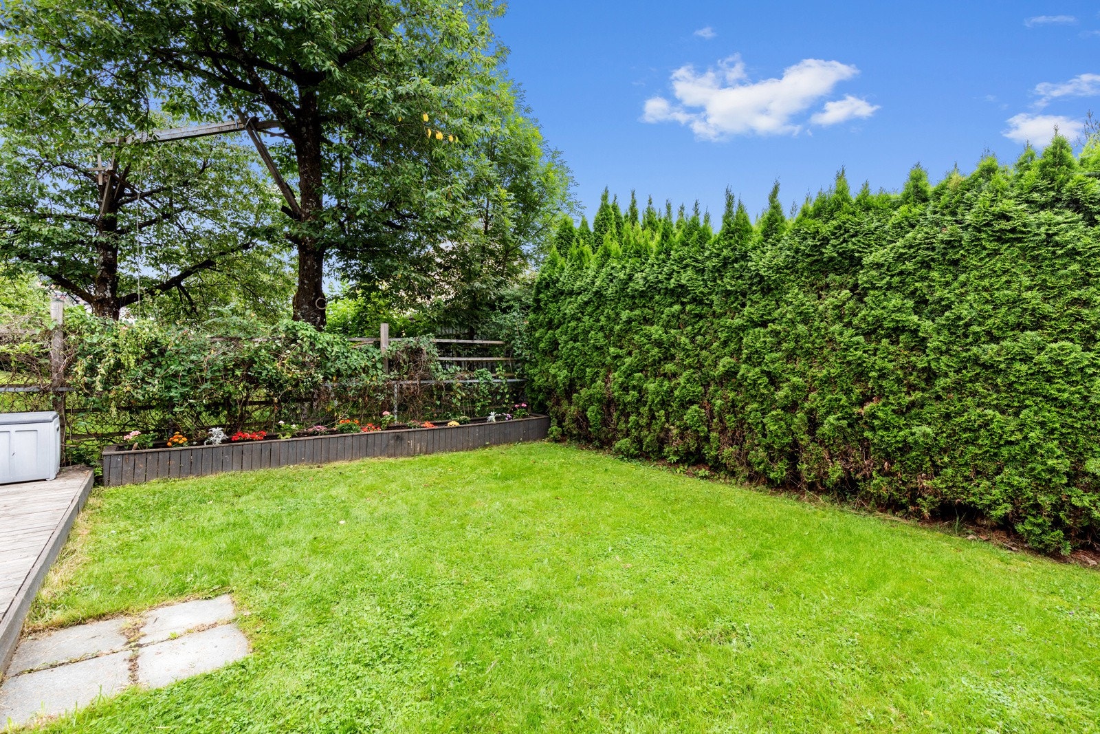 Mellom denne eiendommen og naboene er det satt opp hekk. Galleribilde