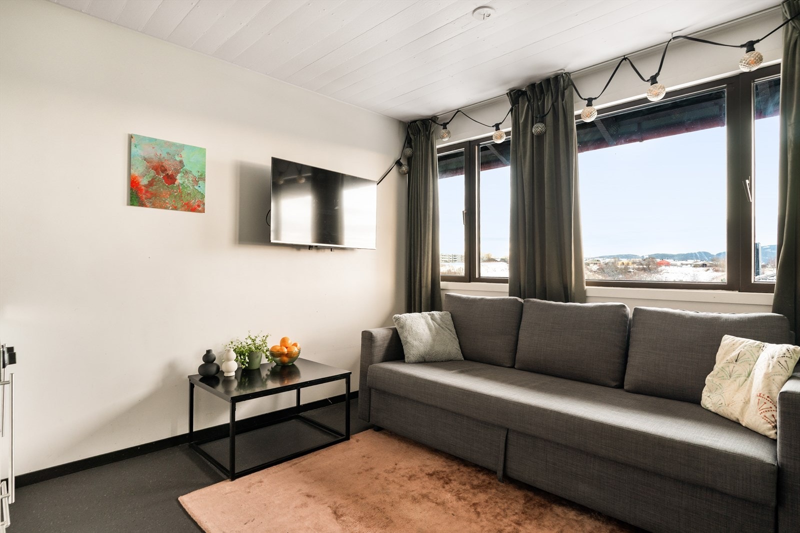 Stuen måler 10,3 m² med god plass til sovesofa og skrivepult. Galleribilde