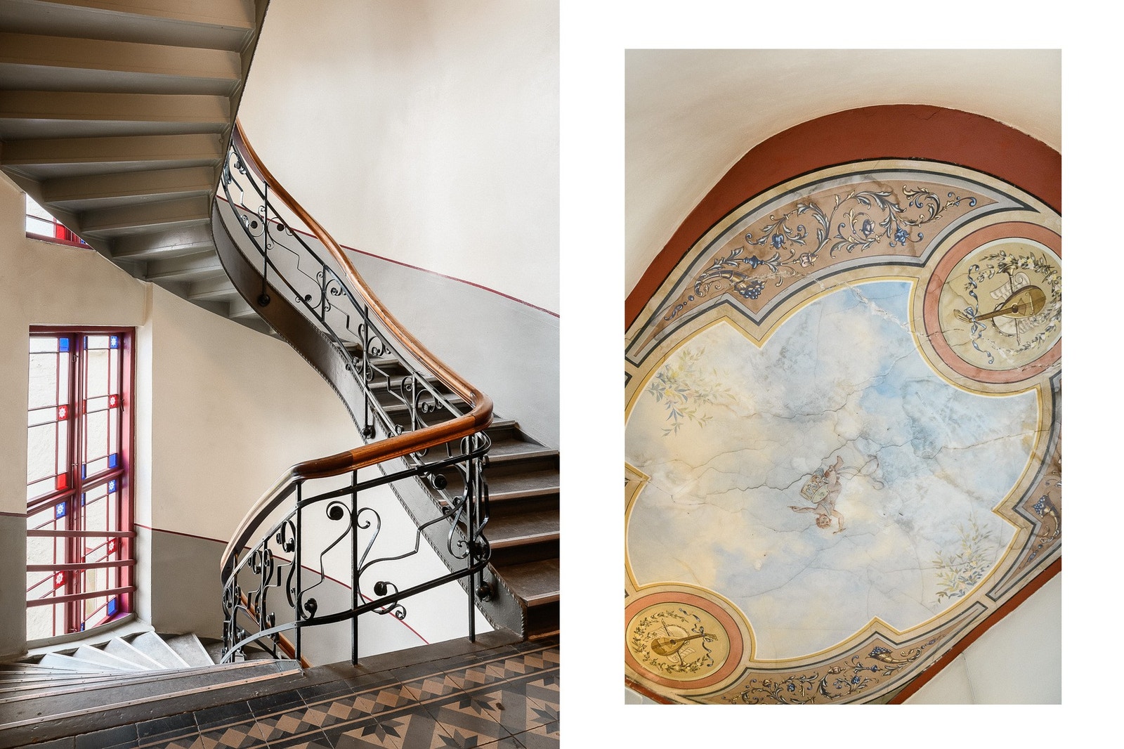 Bredt trappeløp med behagelige trapper, fine originale vinduer og vakkert takmaleri. Galleribilde