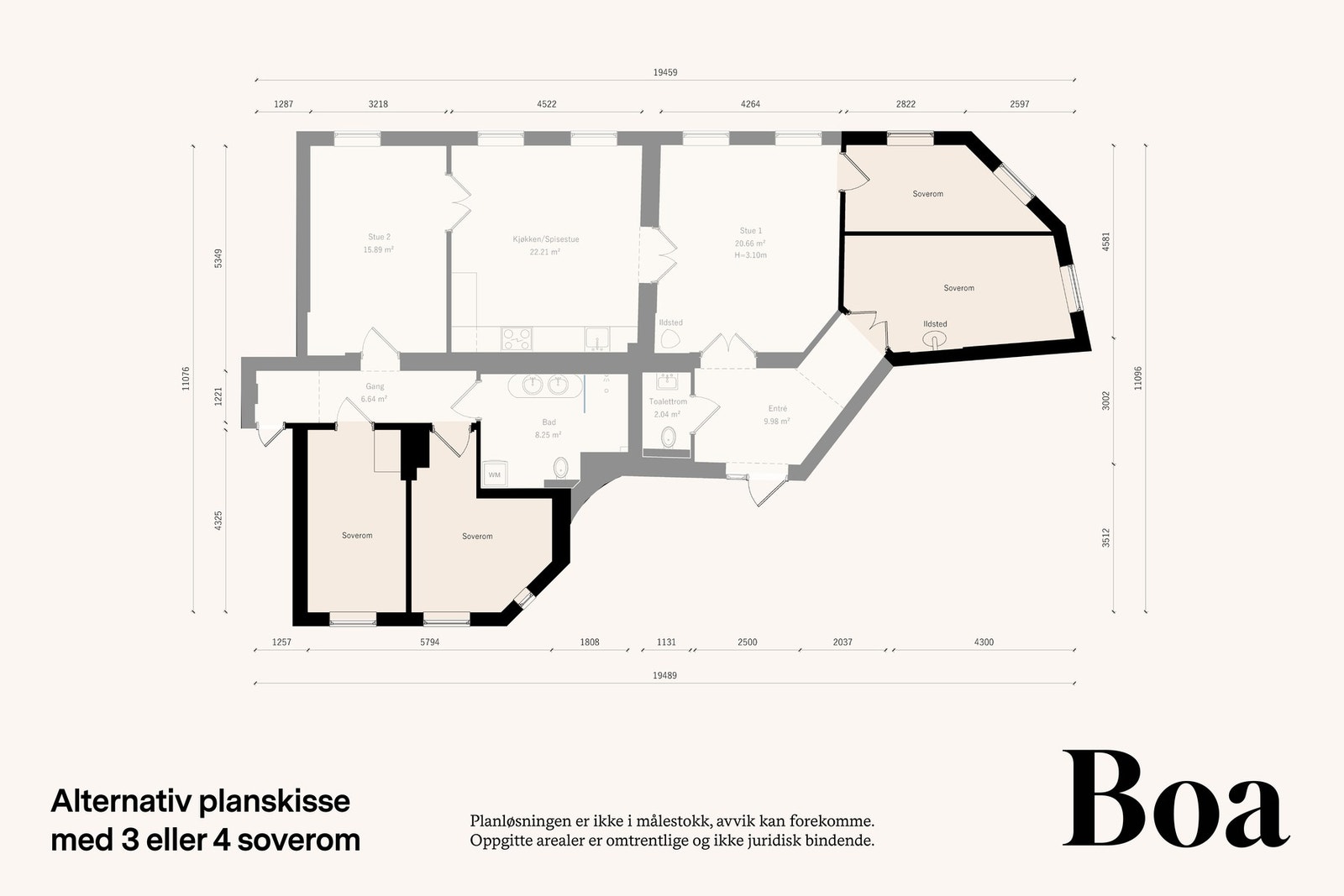 Alternativ planskisse: Mulighet for inntil 4 soverom. Galleribilde