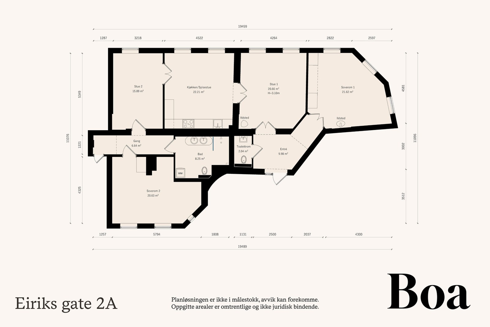 3. etasje: Entré, bad, separat toalett, kjøkken med spisestue, to stuer og to soverom.
Leiligheten har ingen private balkonger.
Leiligheten disponerer kjellerbod på 4 m². Galleribilde