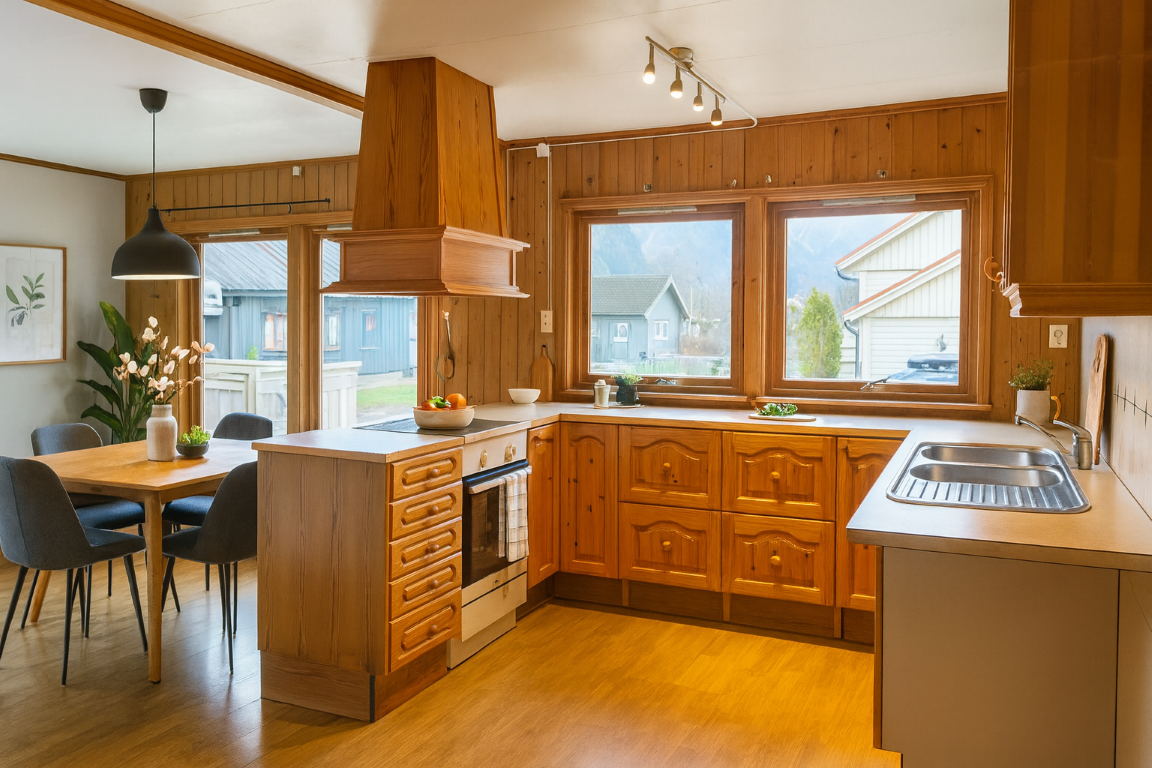 Dette bilde er redigert med KI, og er bere meint som ein illustrasjon av korleis kjøkkenet kan sjå ut med innreiing. Galleribilde