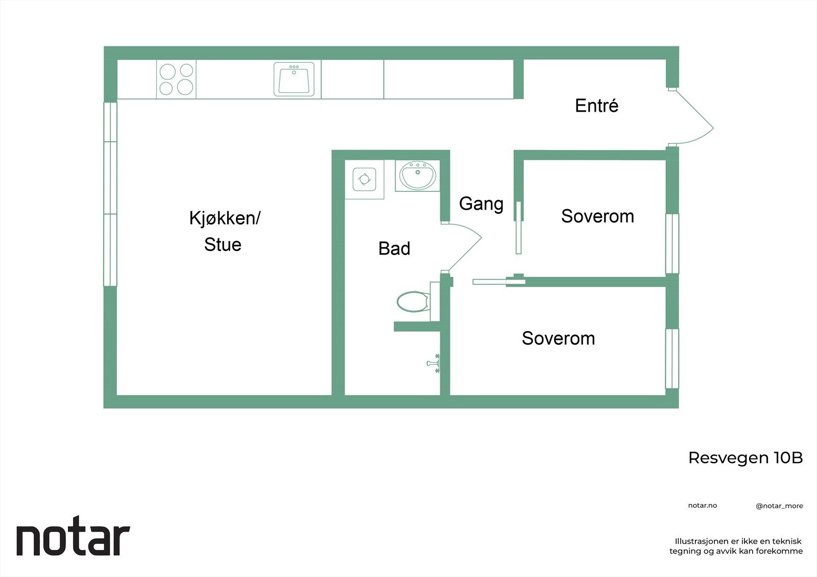 Planløsningen viser en åpen kjøkken/stue-løsning med integrert platetopp og oppvaskkum. Galleribilde