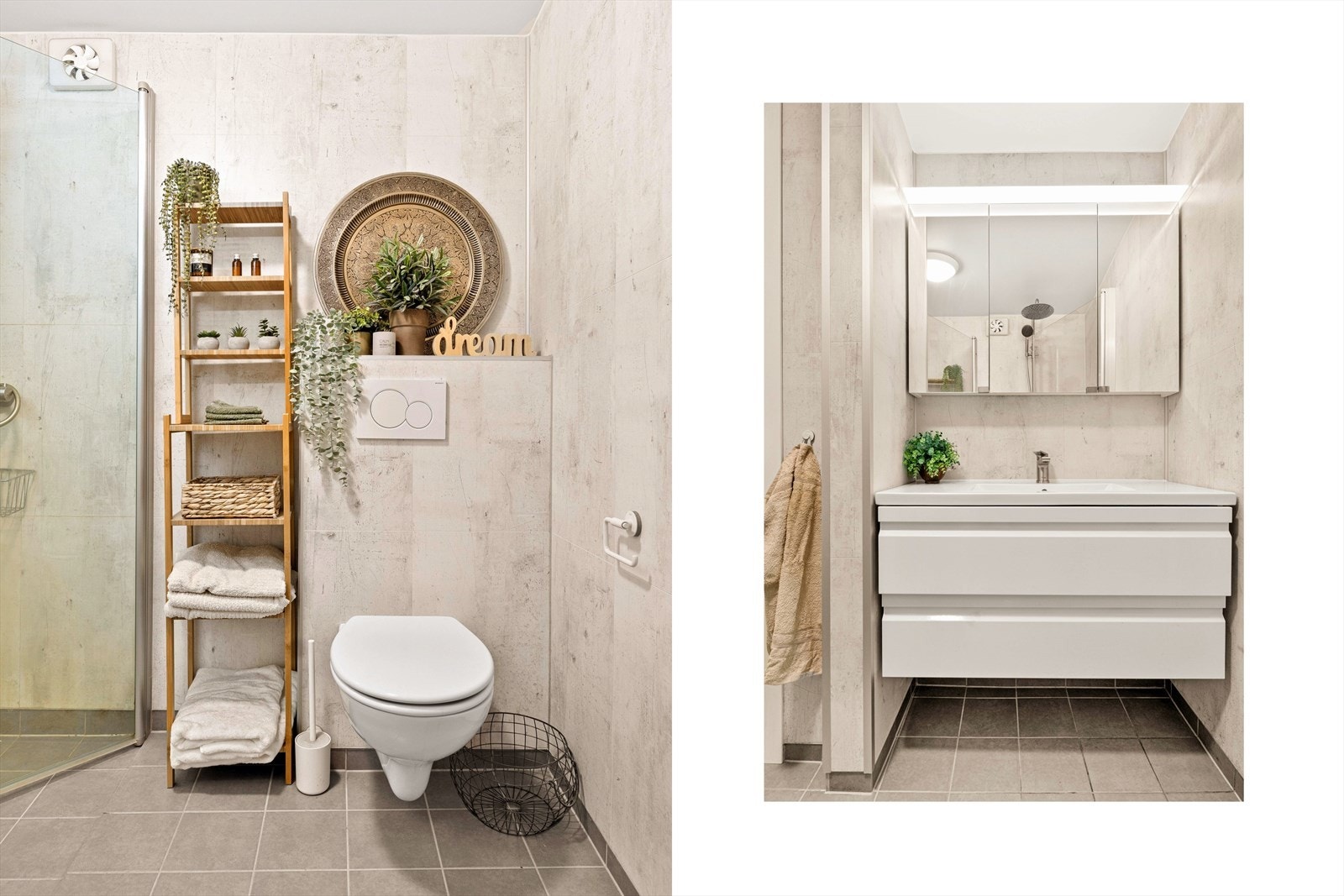 Badet i underetasjen ble modernisert i 2019. Her er det fliser på gulv, våtromsplater på vegg og varmekabler. Galleribilde