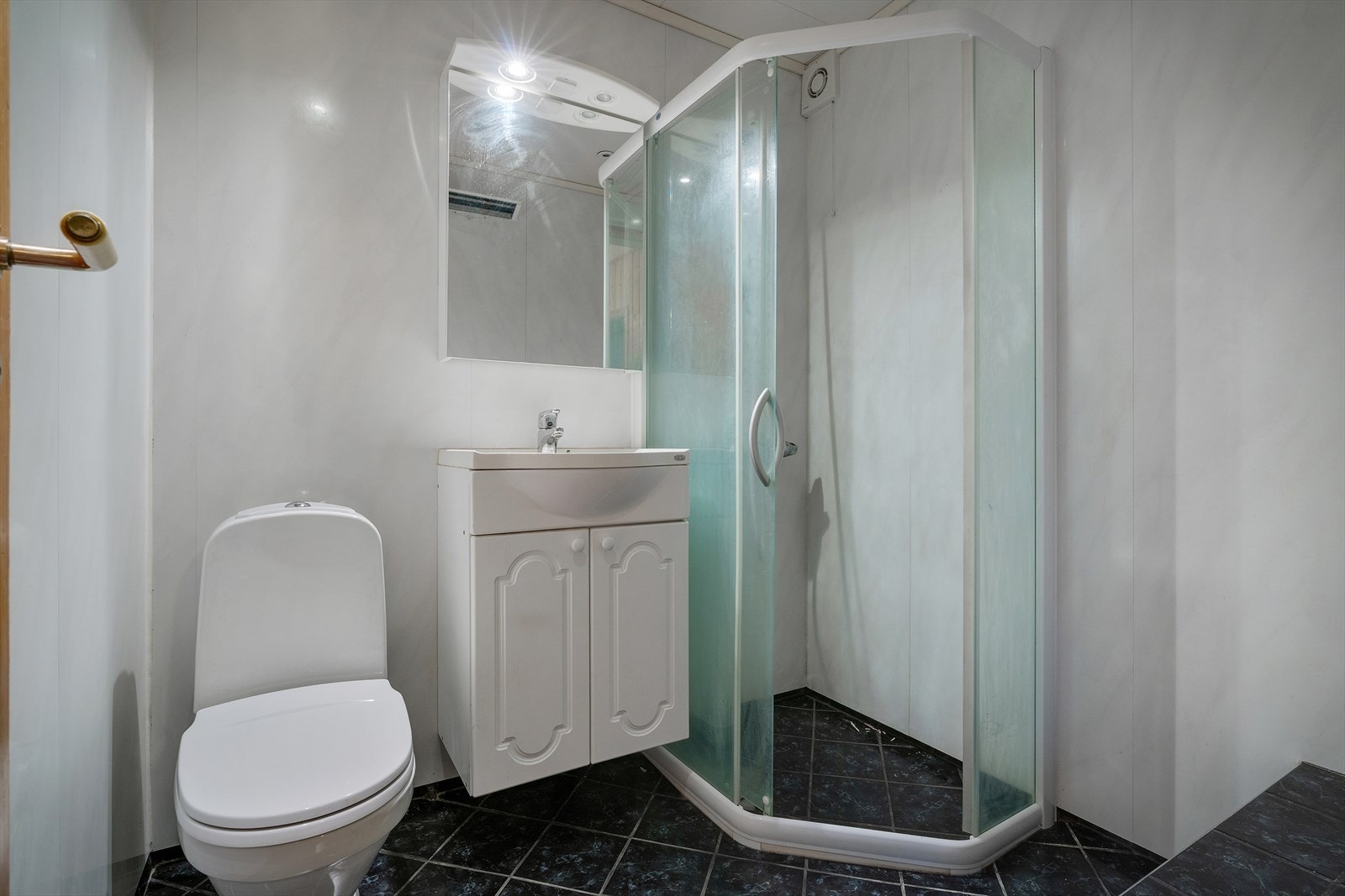 Badet er funksjonelt og utstyrt med dusjhjørne, servant med skap og toalett Galleribilde