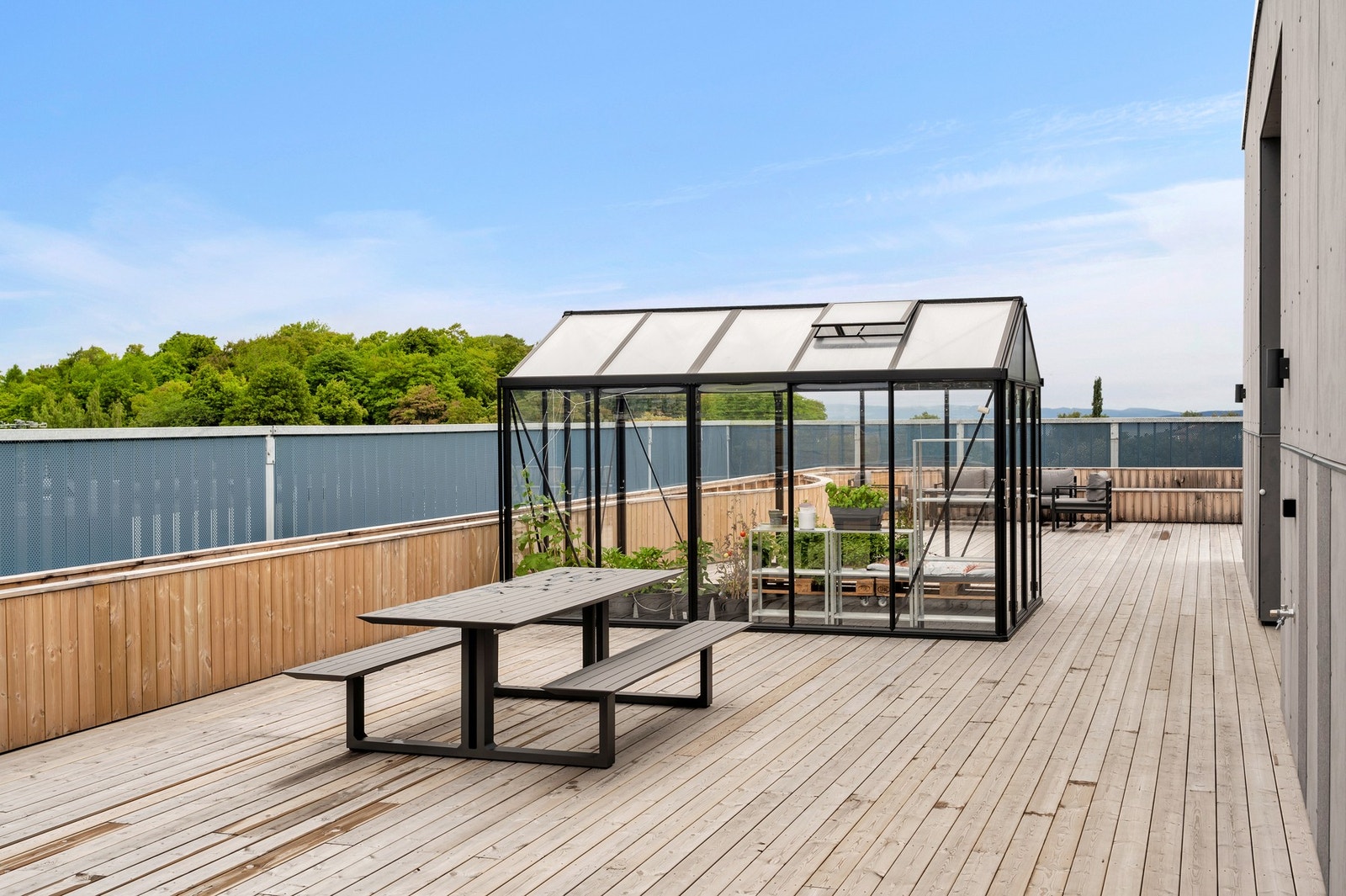 På byggets felles takterrasse kan beboere bruke drivhuset til dyrking av urter og planter. Galleribilde