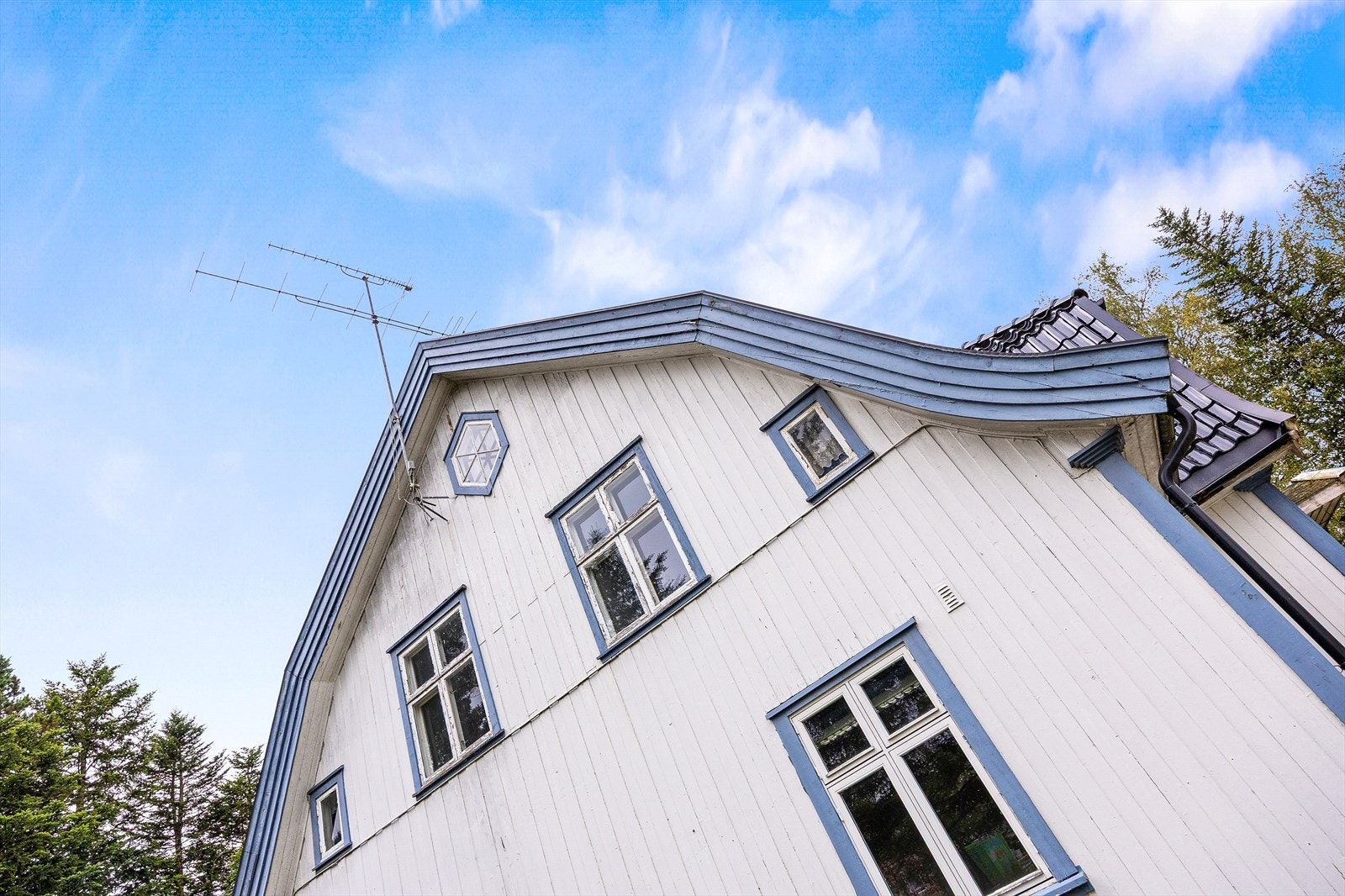 Fasaden består av malt stående trepanel. Galleribilde