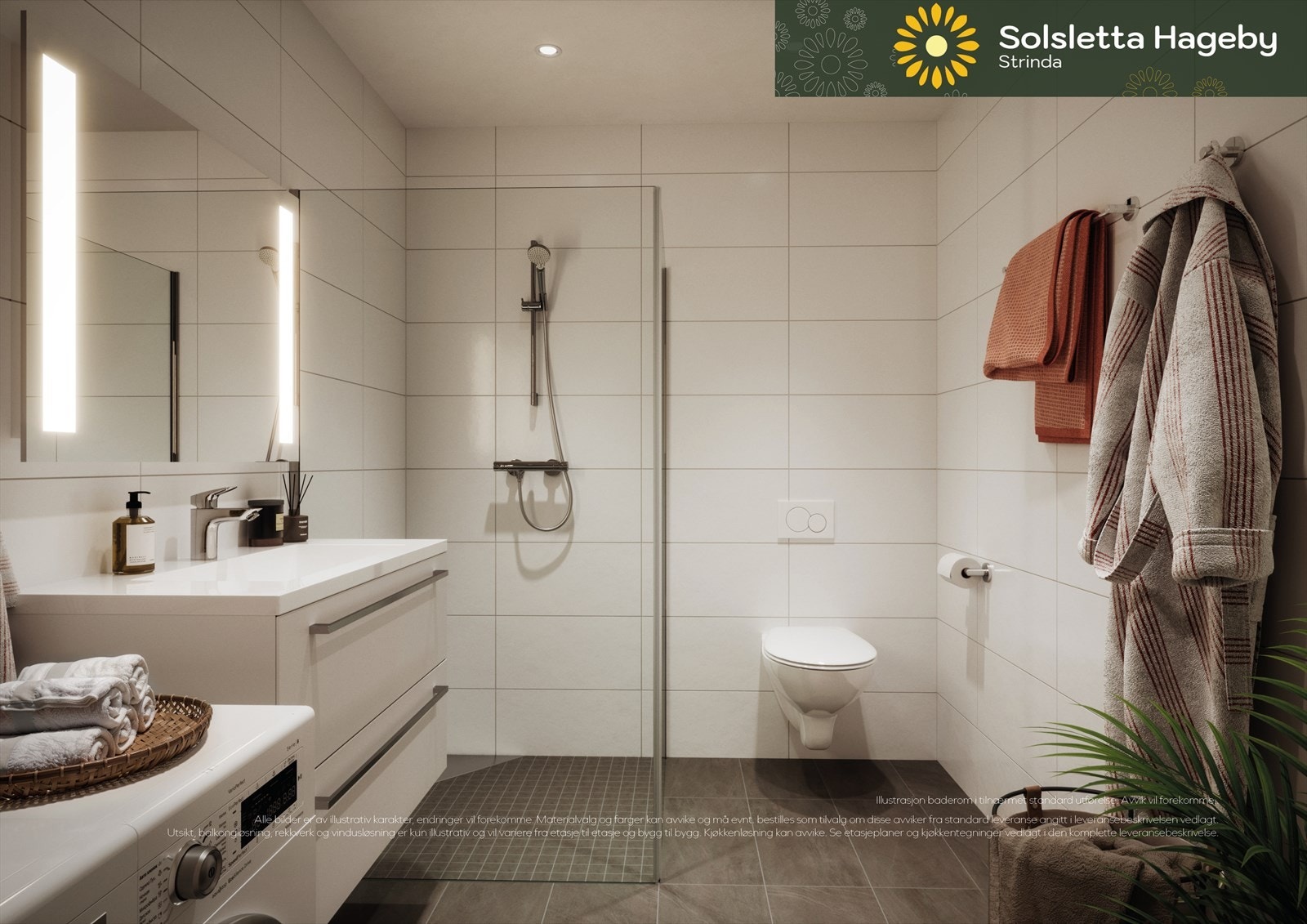 Flott flislagt baderom med 60x60 flis på både gulv og vegger (5x5 i dusjsone). Vegghengt toalett, dusjhjørne med innfellbare dusjdører, gulvvarme og downlights i himling. Galleribilde