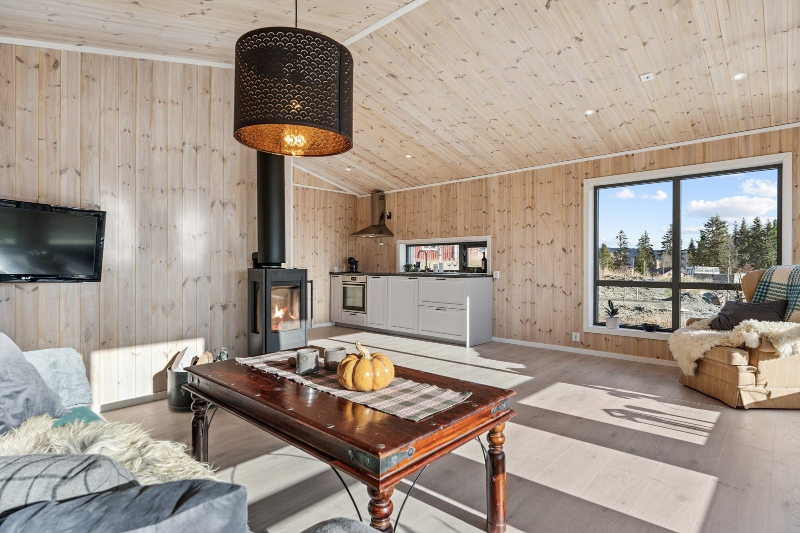 En peisovn med glassdør skaper lun stemning og bidrar til behagelig varme på kalde dager, mens luft-til-luft varmepumpe sørger for jevn temperatur året rundt. Galleribilde