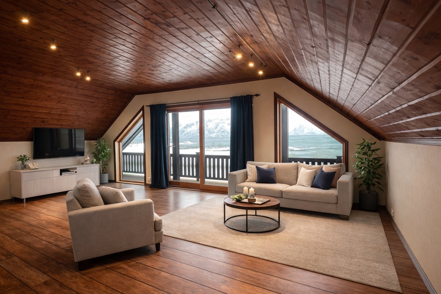 Stue i 3. etasje med utsikt mot havet. Rommet er digitalt møblert. Galleribilde