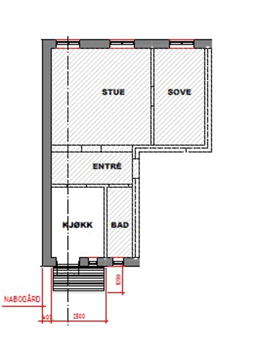 Plantegning med balkong mot bakgård. Galleribilde