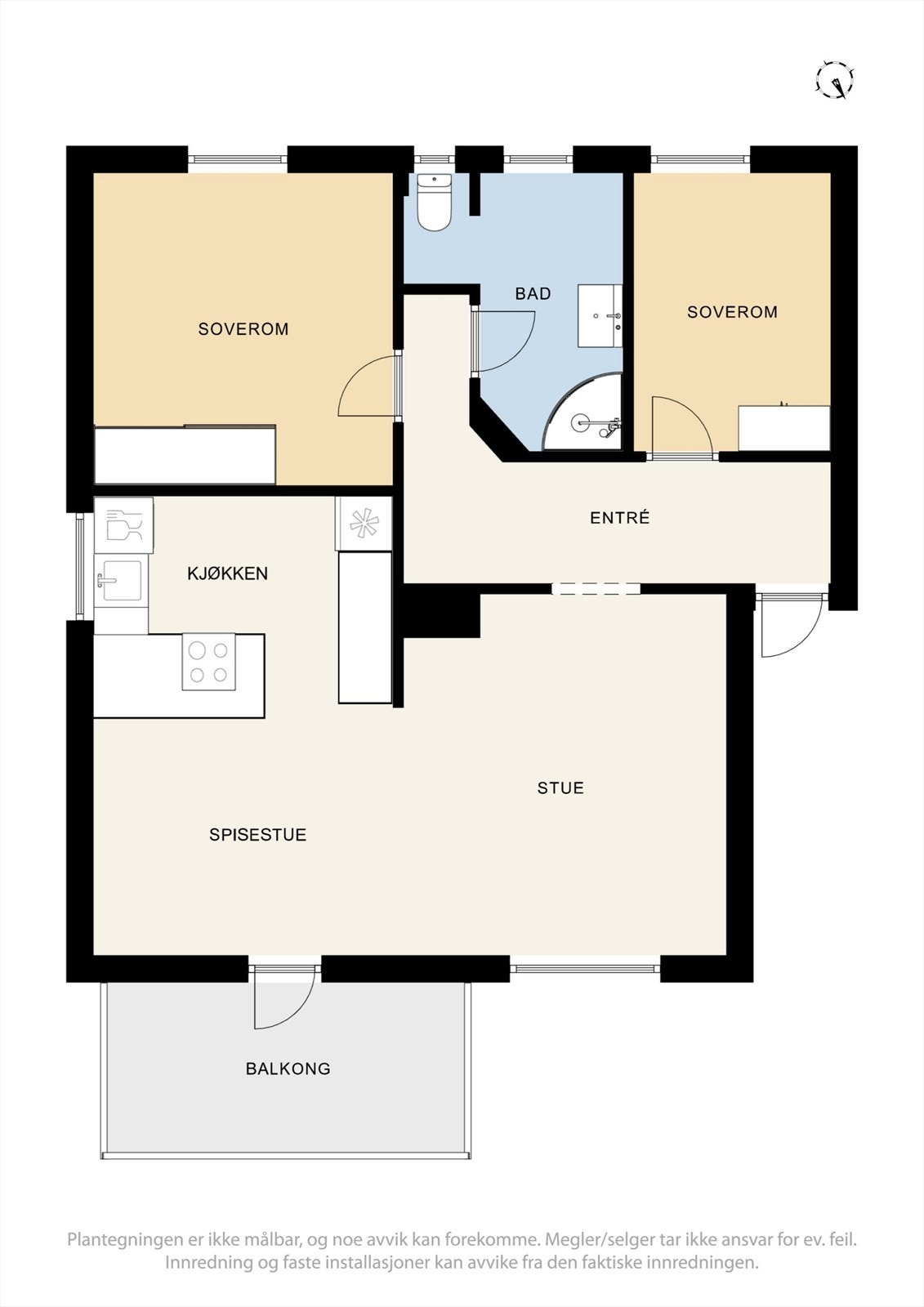 Leiligheten har en arealeffektiv planløsning med to soverom og åpen stue/kjøkken-løsning. Galleribilde