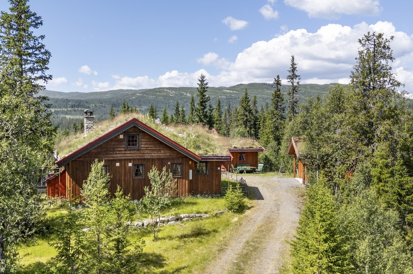 Koselig innkjørsel opp til hyttetunet, med utsikt opp på Spåtindtoppen. Foto: Torben Wirkestad Galleribilde