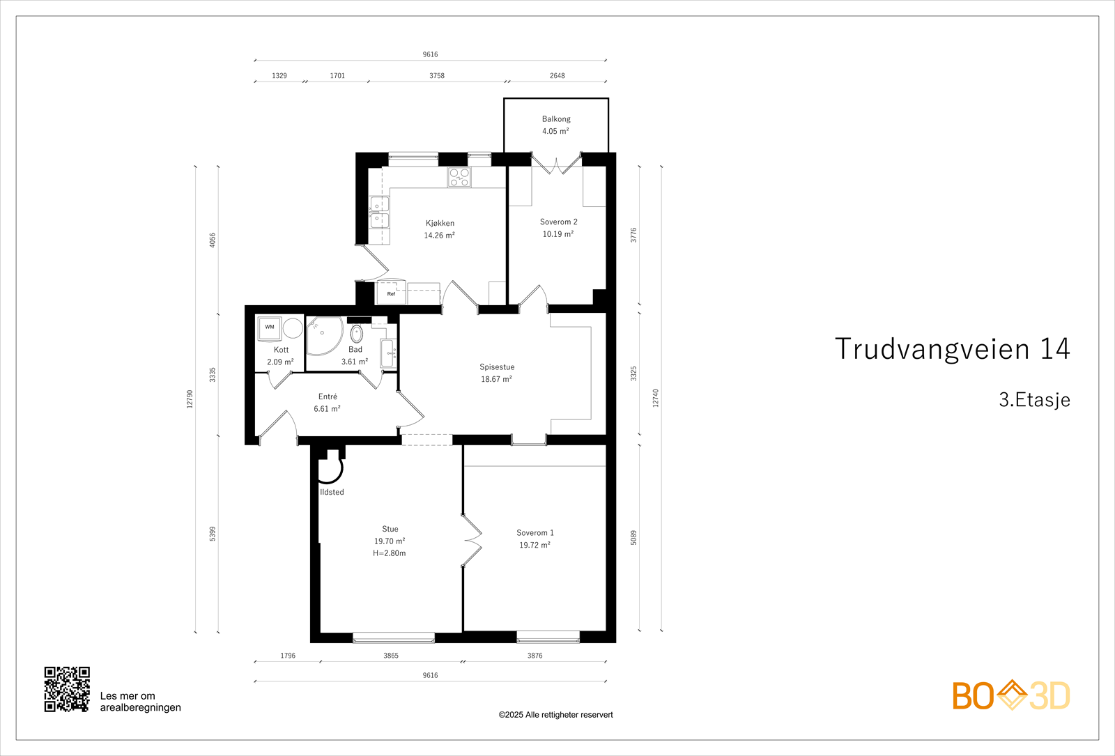 Plantegning 3. etg.
Gjennomgående og stor leilighet med balkong +
2 store boder:
Loftsbod på 6 kvm BRA.
Kjellerbod på 13 kvm. Galleribilde