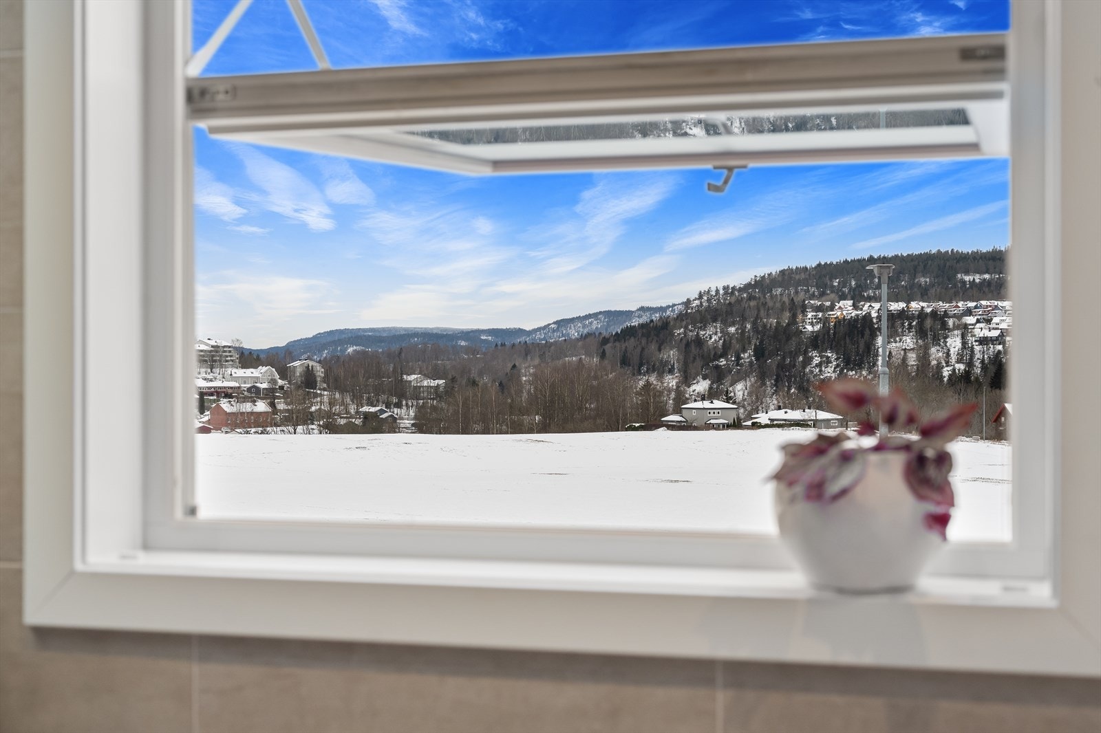 Fra badet har du hyggelig utsikt mot Bærums Verk, Lommedalen og åkeren. Vindu fra 2023. Galleribilde