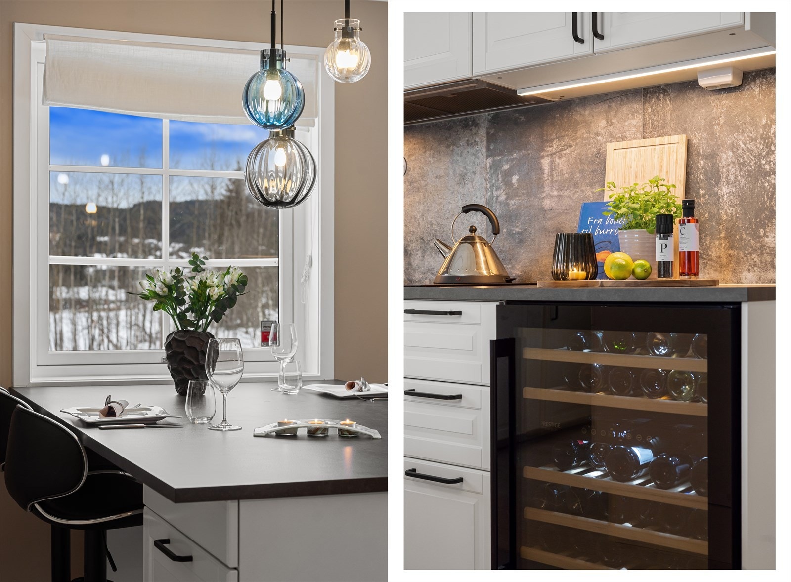 Kjøkkenøyen har plass til fire stykker, og har en hyggelig utsikt mot Lommedalen og åkeren. Kort vei til vinskapet som medfølger. Galleribilde