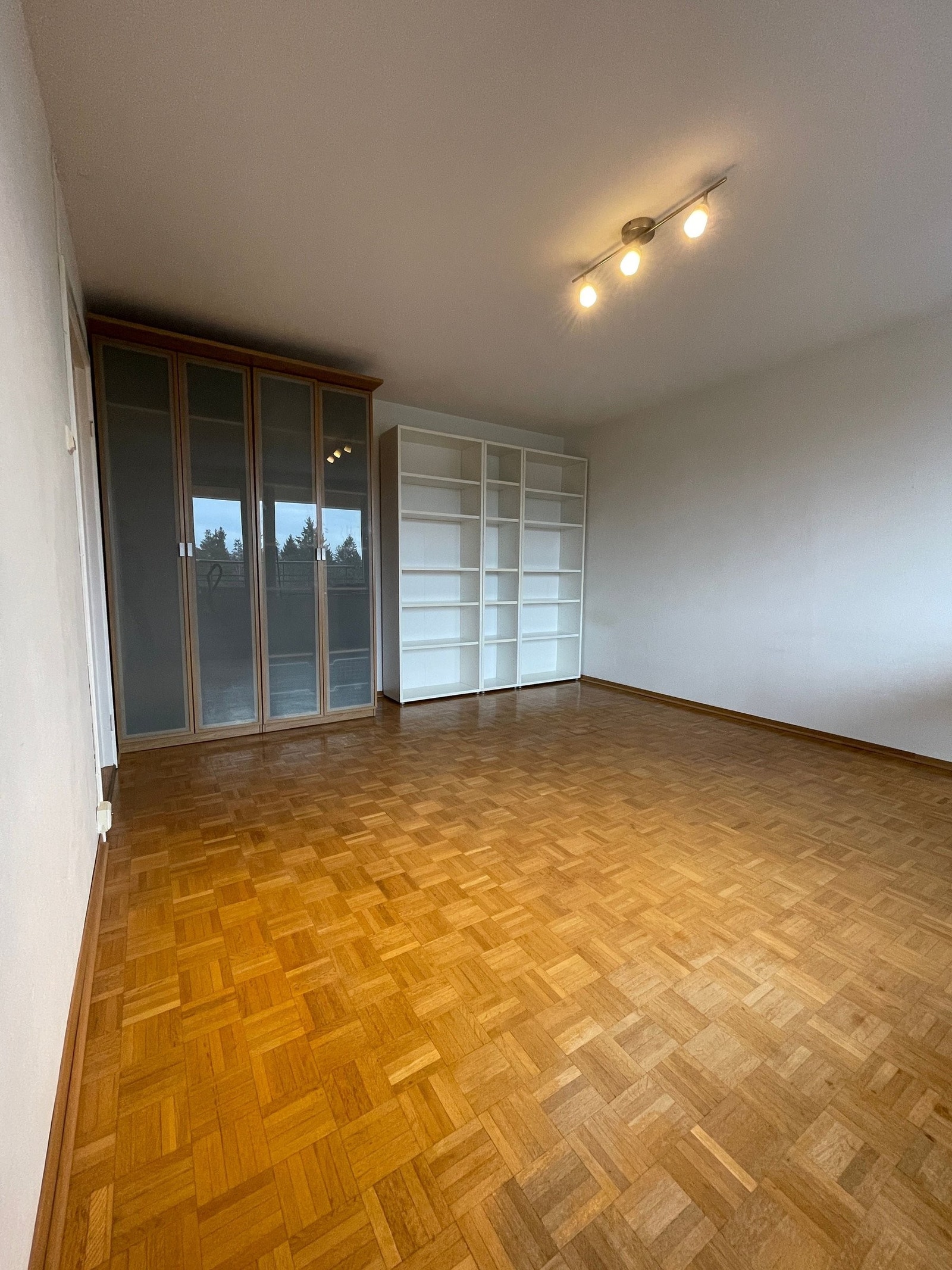 Stue med garderobeløsning. Bokhyller er brukt som romdeler til en sovealkove. Galleribilde