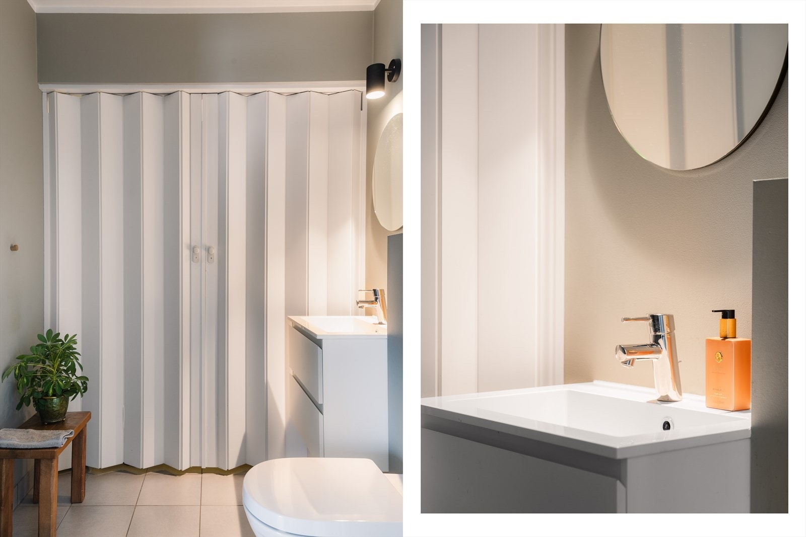 Separat toalettrom med vegghengt wc, innredning med vask, underskap og speilskap. Innenfor toalettet er det et teknisk rom med varmtvannsbereder, ventilasjonsanlegg etc. Galleribilde