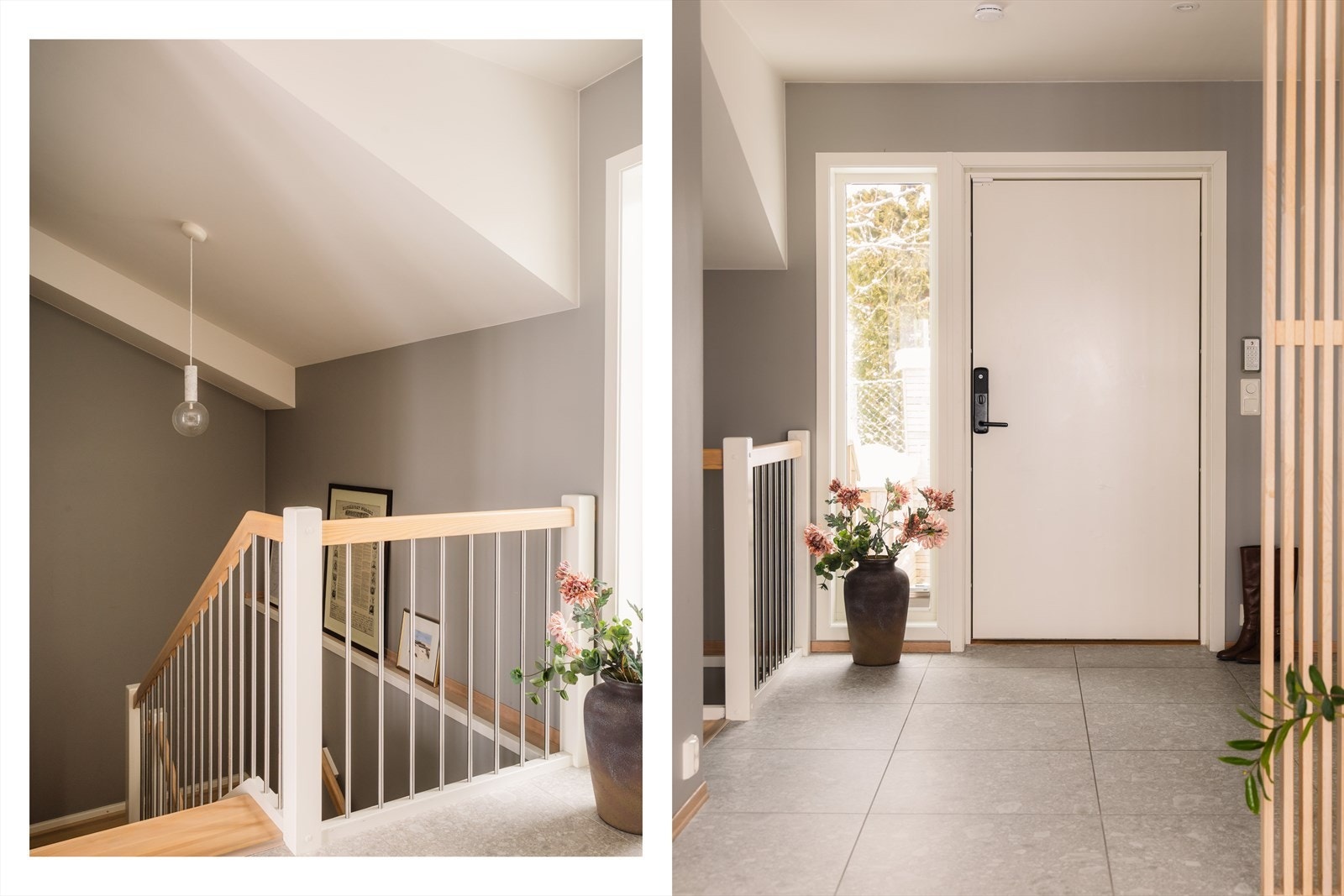 Lys og luftig entré med moderne fliser med underliggende gulvvarme, stor skyvedørsgarderobe og en stilig spilevegg. Galleribilde