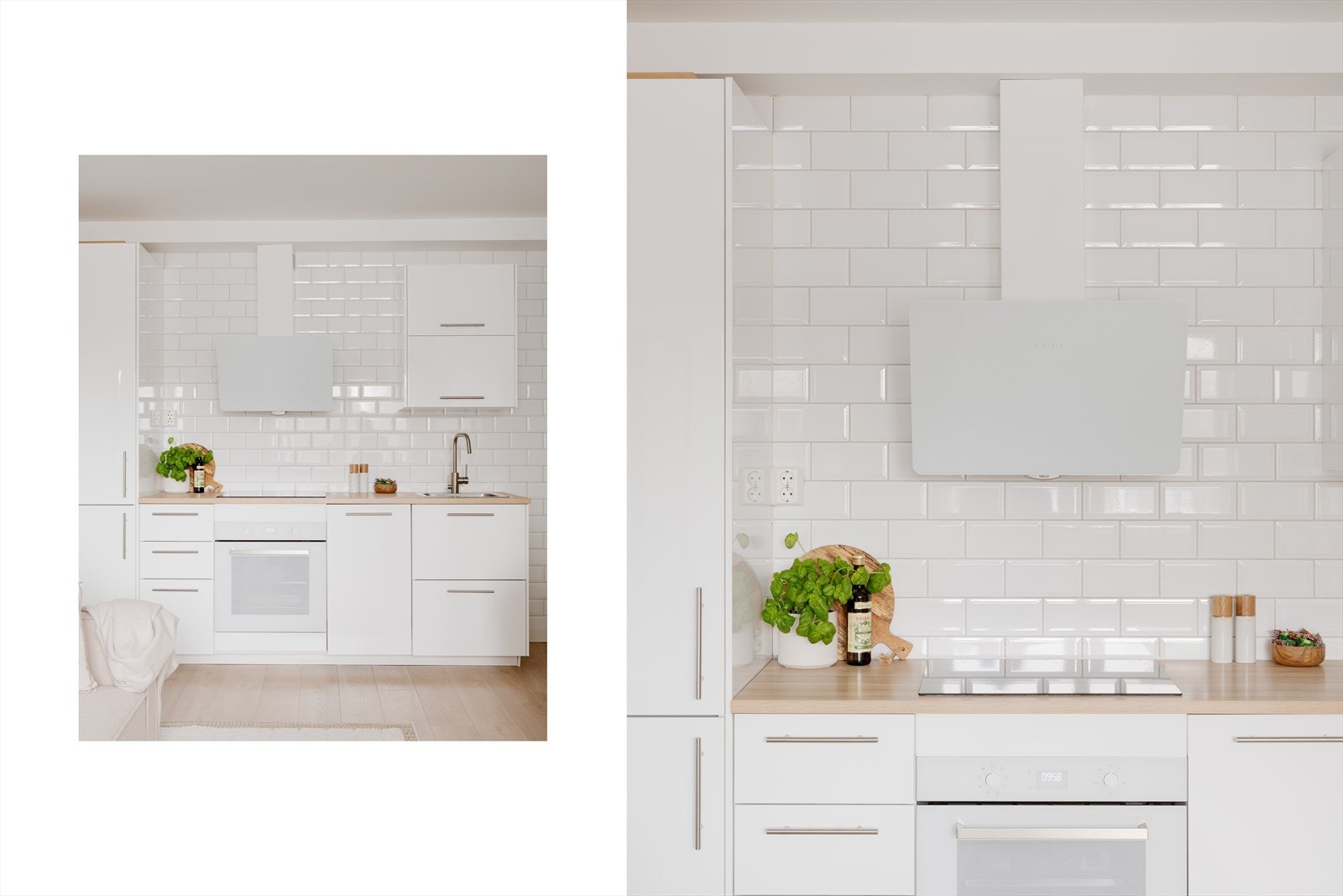 Flislagt vegg over benk og integrerte hvitevarer - inkludert induksjonstopp, stekeovn, smal oppvaskmaskin og kjøl/frys. Galleribilde