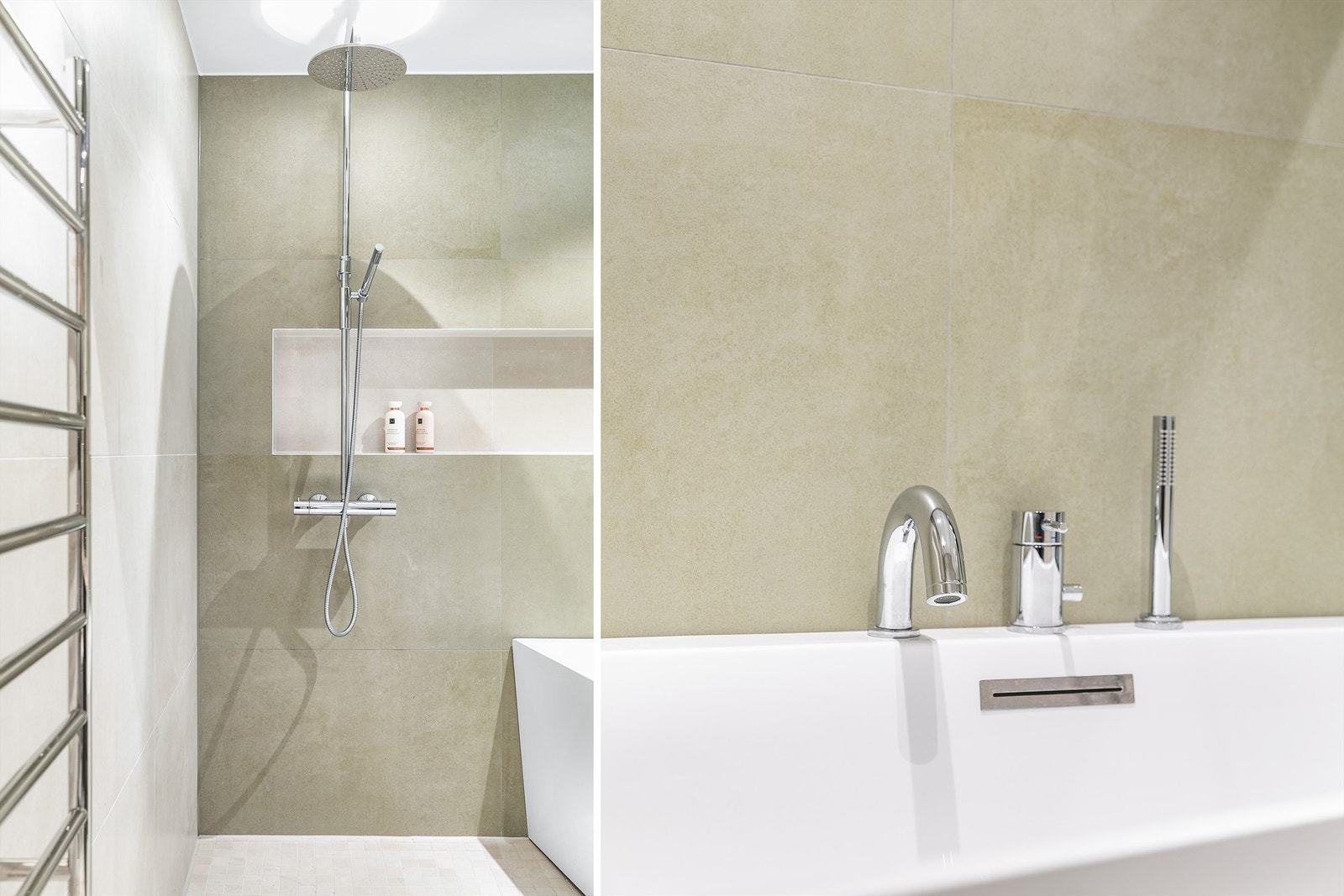 Badet er betydelig påkostet og tilrettelagt for høy komfort. Alle blandebatterier er fra Tapwell. Håndkletørker er elektrisk oppvarmet. Galleribilde