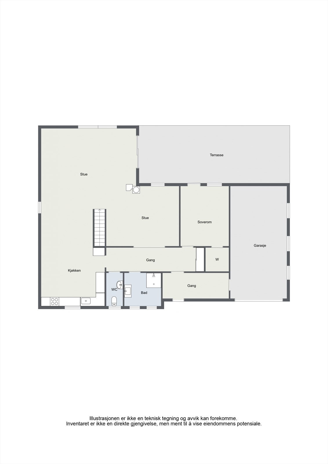 Første etasje har en arealeffektiv planløsning med stue, kjøkken, soverom, bad og WC. Galleribilde