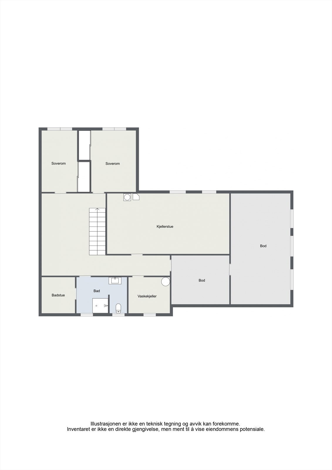 Underetasjen rommer kjellerstue (ikke godkjent for varig opphold), to soverom, bad med badstue, vaskerom og boder. Galleribilde