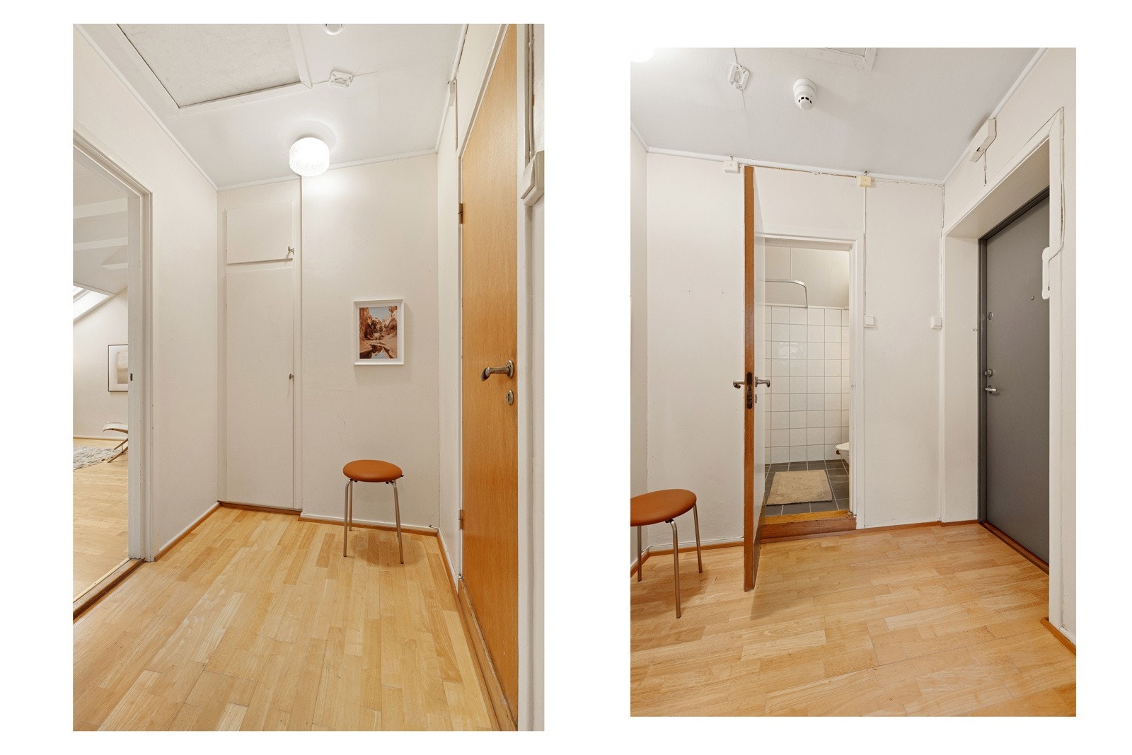 Entréen fremstår lys, med originalt garderobeskap med muligheter for ytterligere løsninger. Ekstern lagringsplass med kjellerbod på ca. 7 kvm (ikke målbart areal grunnet lav takhøyde) Galleribilde