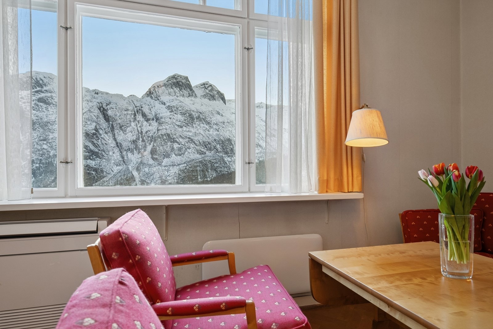 Legg spesielt merke til den fantastiske utsikten over de majestetiske fjellene på andre siden av fjorden - Her ser du bl.a. Glomsteet som ruver 1129 meter over havet Galleribilde