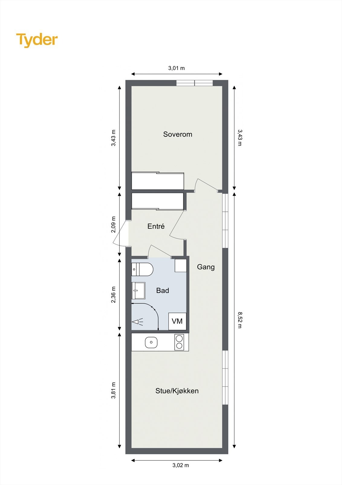 Oppmålt plantegning for leiligheten. Galleribilde