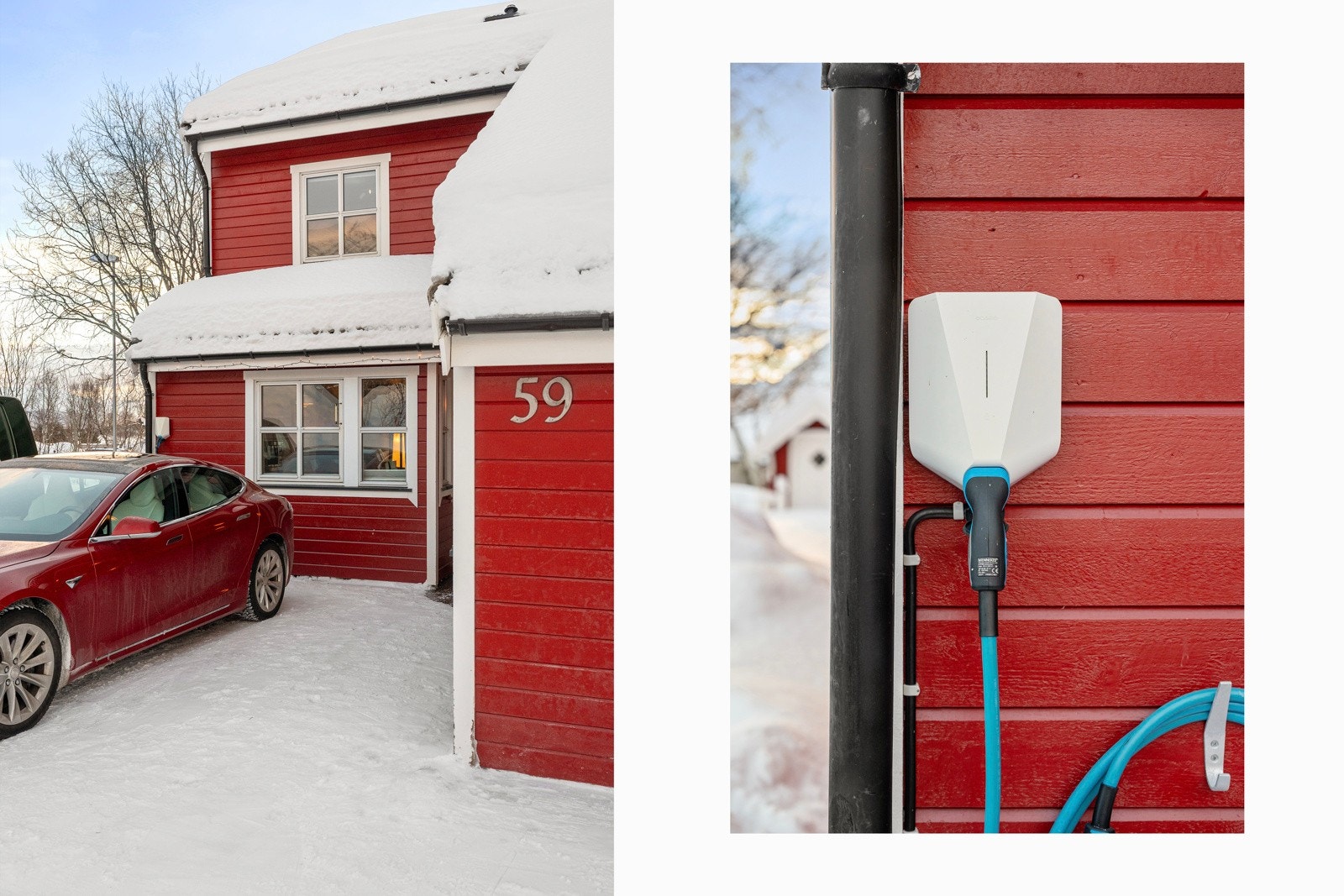 Innkjørselen er romslig og det er god plass til flere biler. Det er etablert ebillader på vegg. Du får også utvendig sportsbod med adkomst ved ytterdøren. Tomta fungere også utmerket som stort snødeponi! Galleribilde