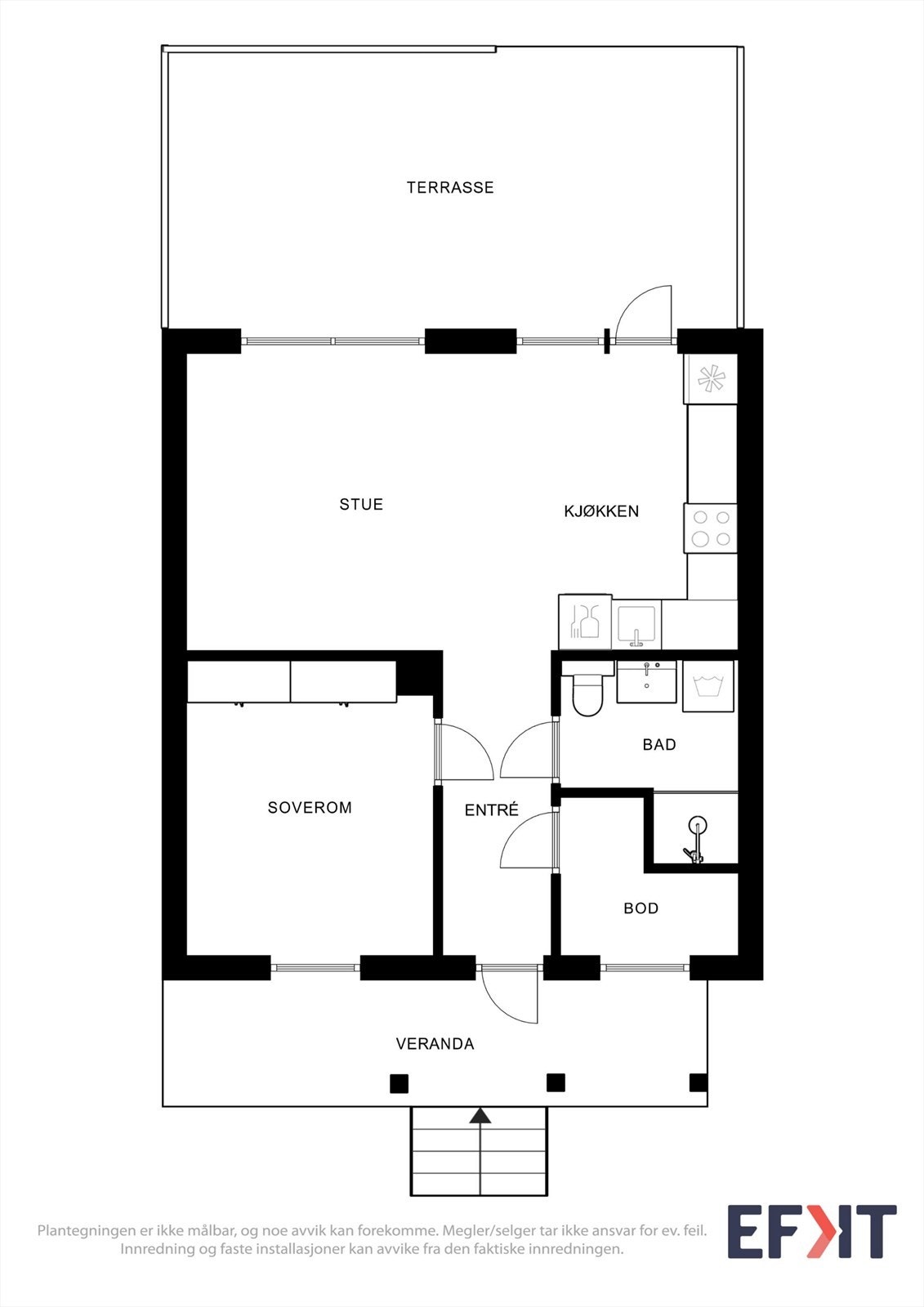 Arealeffektiv planløsning på ett plan med alt du trenger for en praktisk hverdag. Galleribilde