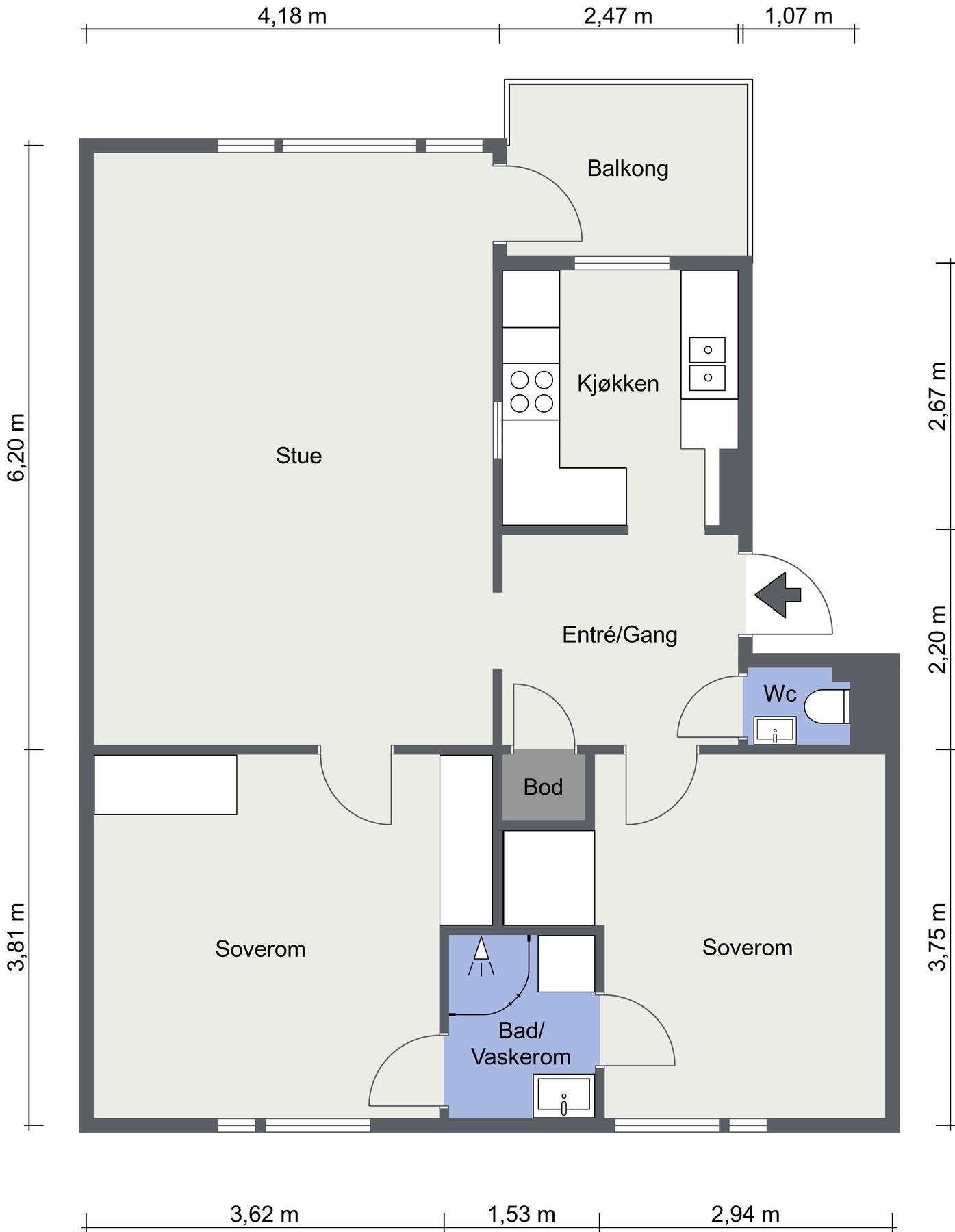 Plantegning. I tillegg disponerer leiligheten en kjellerbod på 8,6 kvm og en loftsbod med gulvareal på 11 kvm. Galleribilde