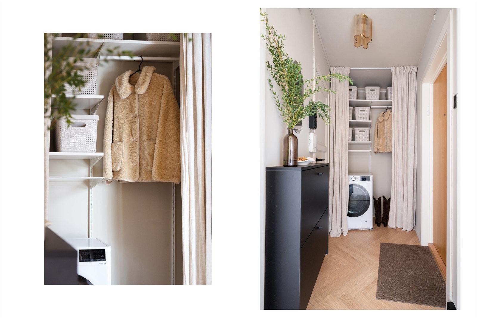 Innbydende og praktisk entré med flott hyllesystem, opplegg for vaskemaskin og oppvaringsløsninger. Galleribilde