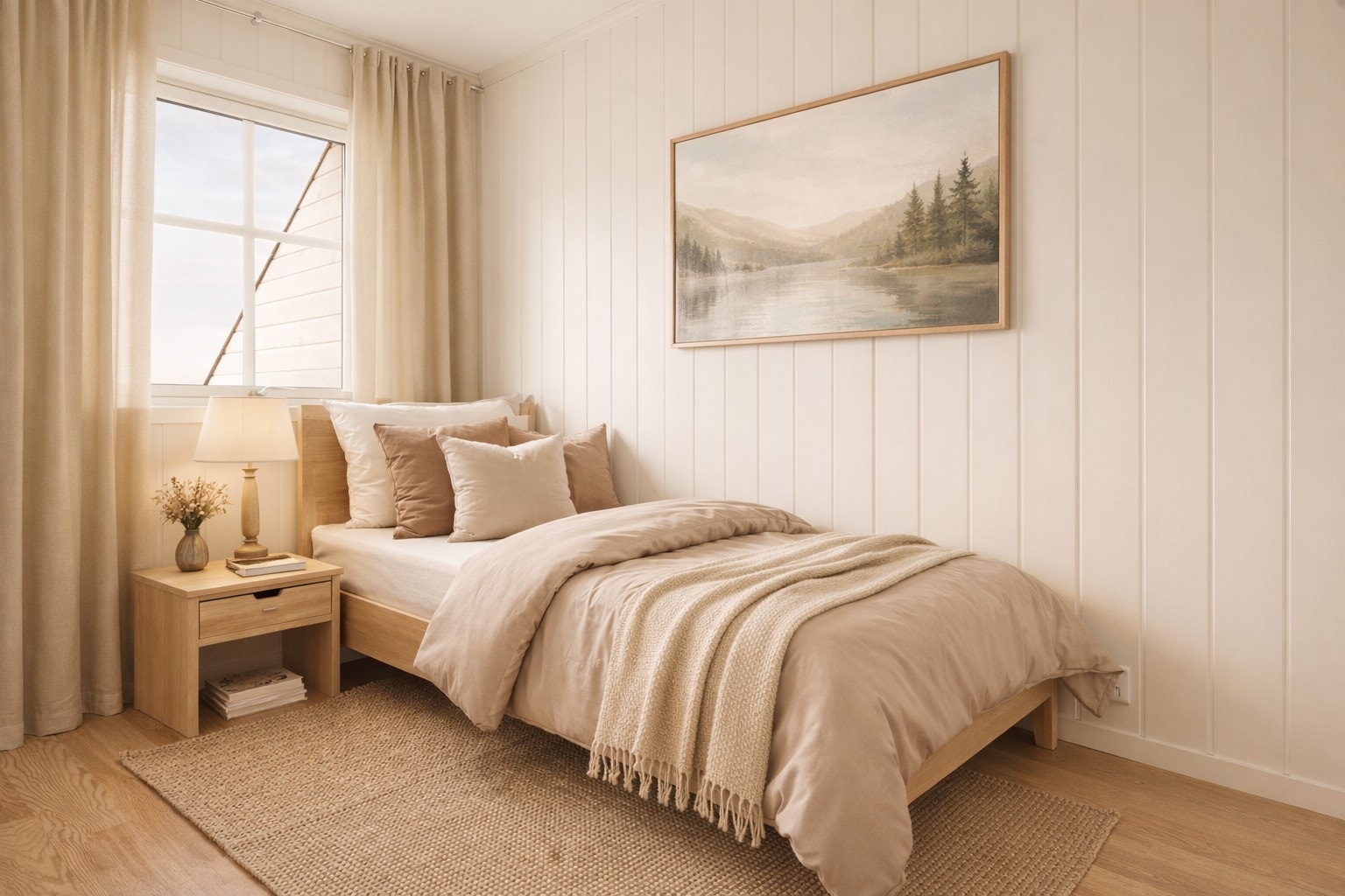 Soverom 2 er lysmalt og passer perfekt som barnerom, gjesterom eller kontor. Digitalt møblert. Galleribilde