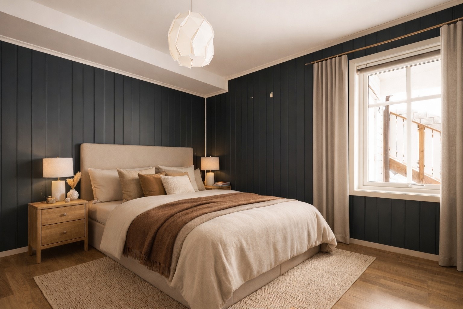 Hovedsoverommet er malt i en dyp blånyanse. Digitalt møblert. Galleribilde