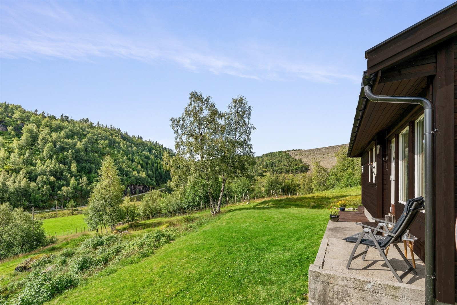 Pent opparbeidet tomt med grønn plen og naturlig vegetasjon rundt hytta Galleribilde