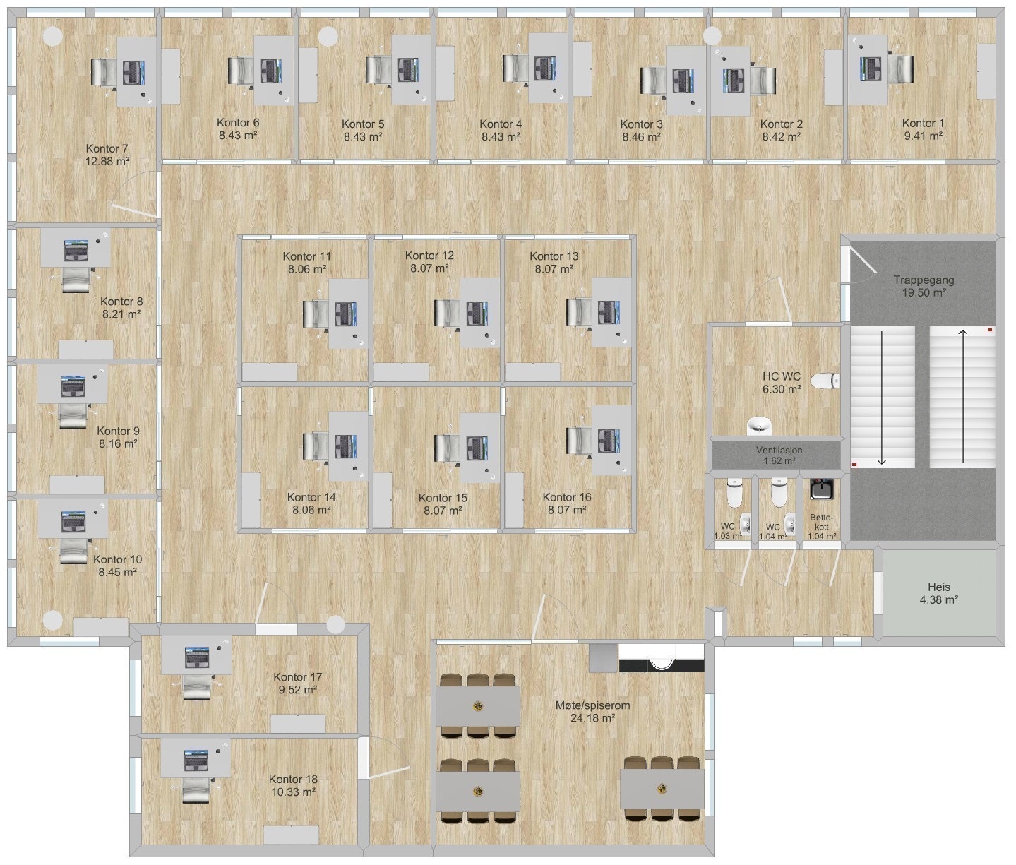 Se vedlagte planskisser for 3. etg. som viser forslag til innredning. Dette er et utkast og videre bestemmelser av utforming av lokalene gjøres i samarbeid med leietaker. Galleribilde