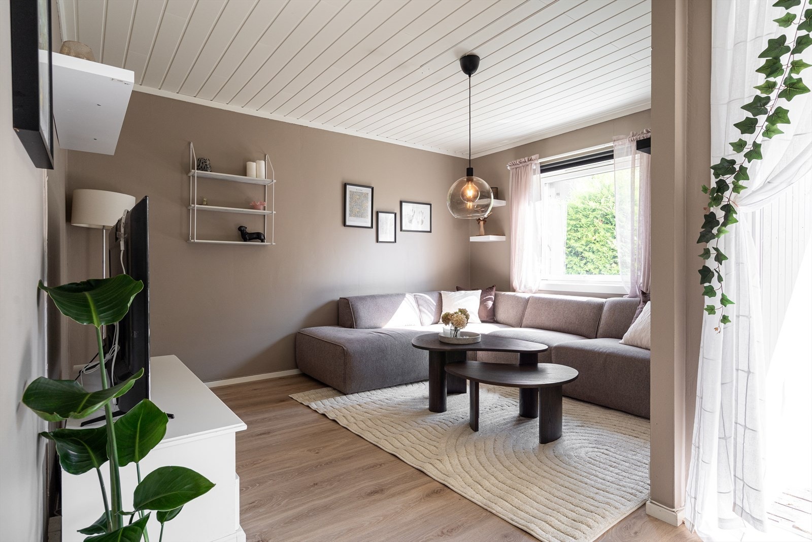 Laminatgulvet er lagt sømløst mellom sonene, mens veggene er malt i en smakfull brunfarge. Galleribilde